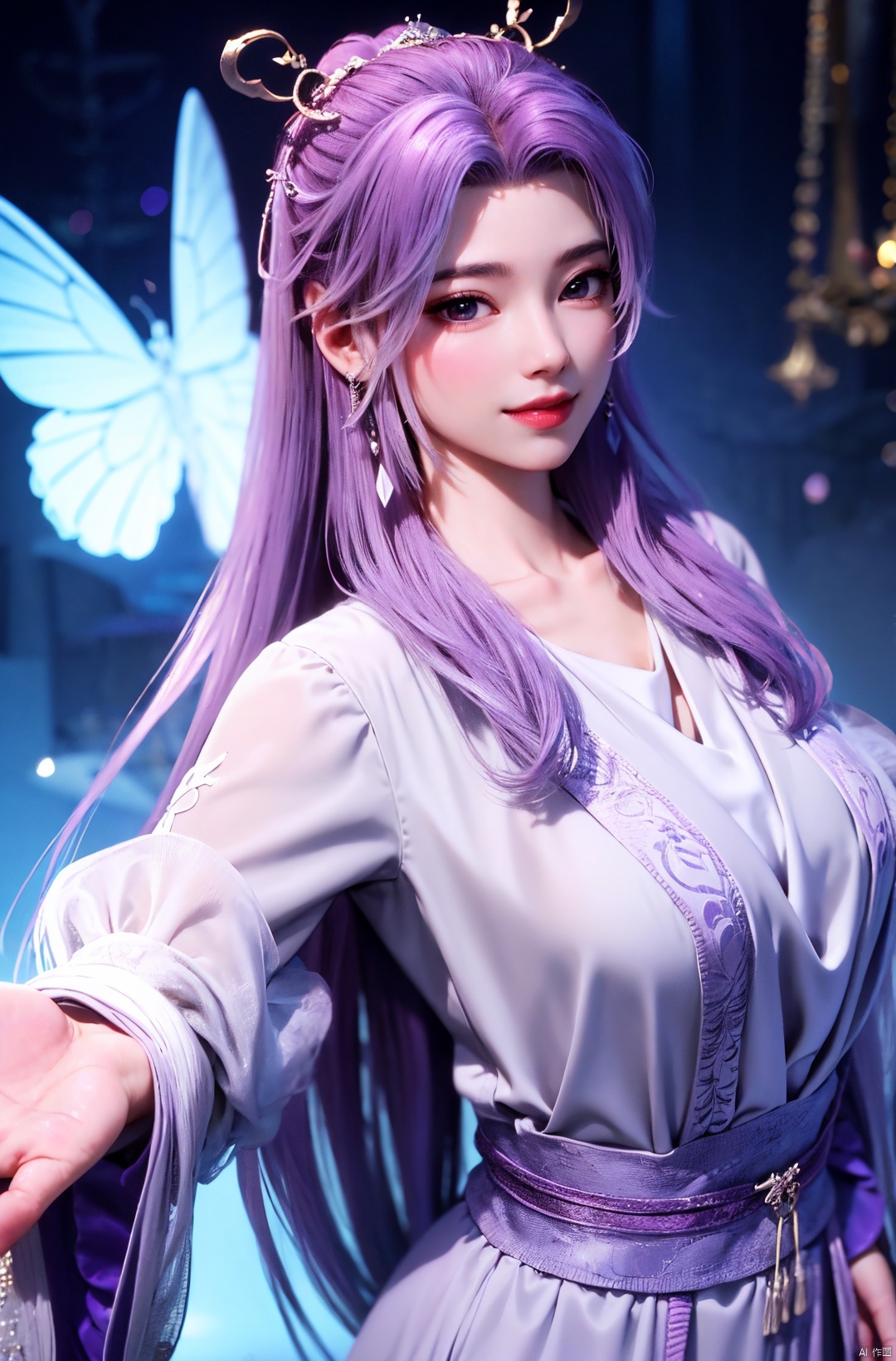  cowboy_shot,(Good structure), DSLR Quality,Depth of field,kind smile,looking_at_viewer,Dynamic pose, 
yunxiao, 1girl, purple hair, long hair, hair ornament, , solo, dress, earrings, jewelry, hair bun, Yunxiao_Fairy, hanfu, Water_butterfly