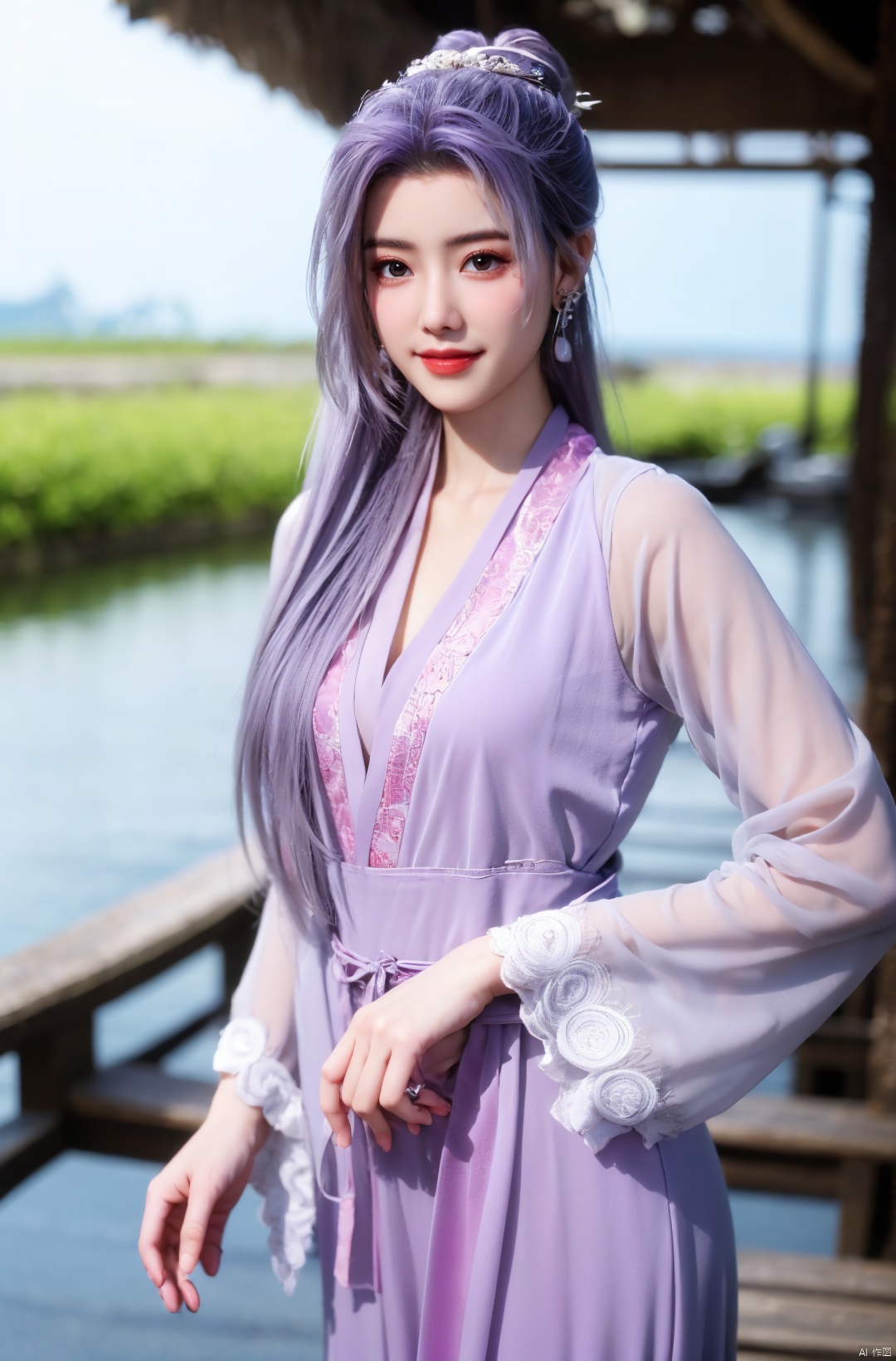  cowboy_shot,(Good structure), DSLR Quality,Depth of field,kind smile,looking_at_viewer,Dynamic pose, 
yunxiao, 1girl, purple hair, long hair, hair ornament, , solo, dress, earrings, jewelry, hair bun, Yunxiao_Fairy, hanfu, Water_butterfly