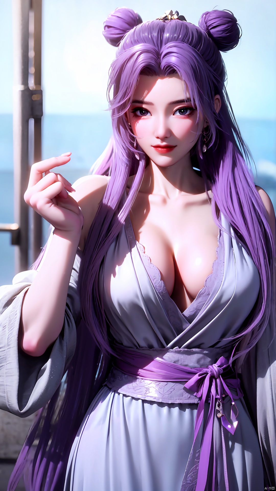  cowboy_shot,(Good structure), DSLR Quality,Depth of field,kind smile,looking_at_viewer,Dynamic pose, 
yunxiao, 1girl, purple hair, long hair, hair ornament, , solo, dress, earrings, jewelry, hair bun, Yunxiao_Fairy, hanfu, Water_butterfly