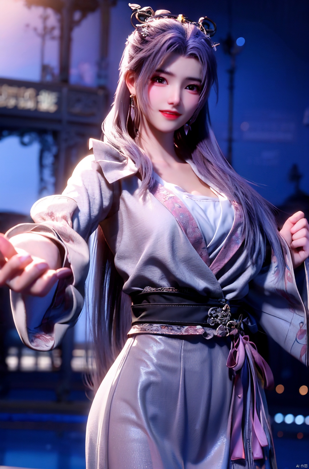  cowboy_shot,(Good structure), DSLR Quality,Depth of field,kind smile,looking_at_viewer,Dynamic pose, 
yunxiao, 1girl, purple hair, long hair, hair ornament, , solo, dress, earrings, jewelry, hair bun, Yunxiao_Fairy, hanfu, Water_butterfly