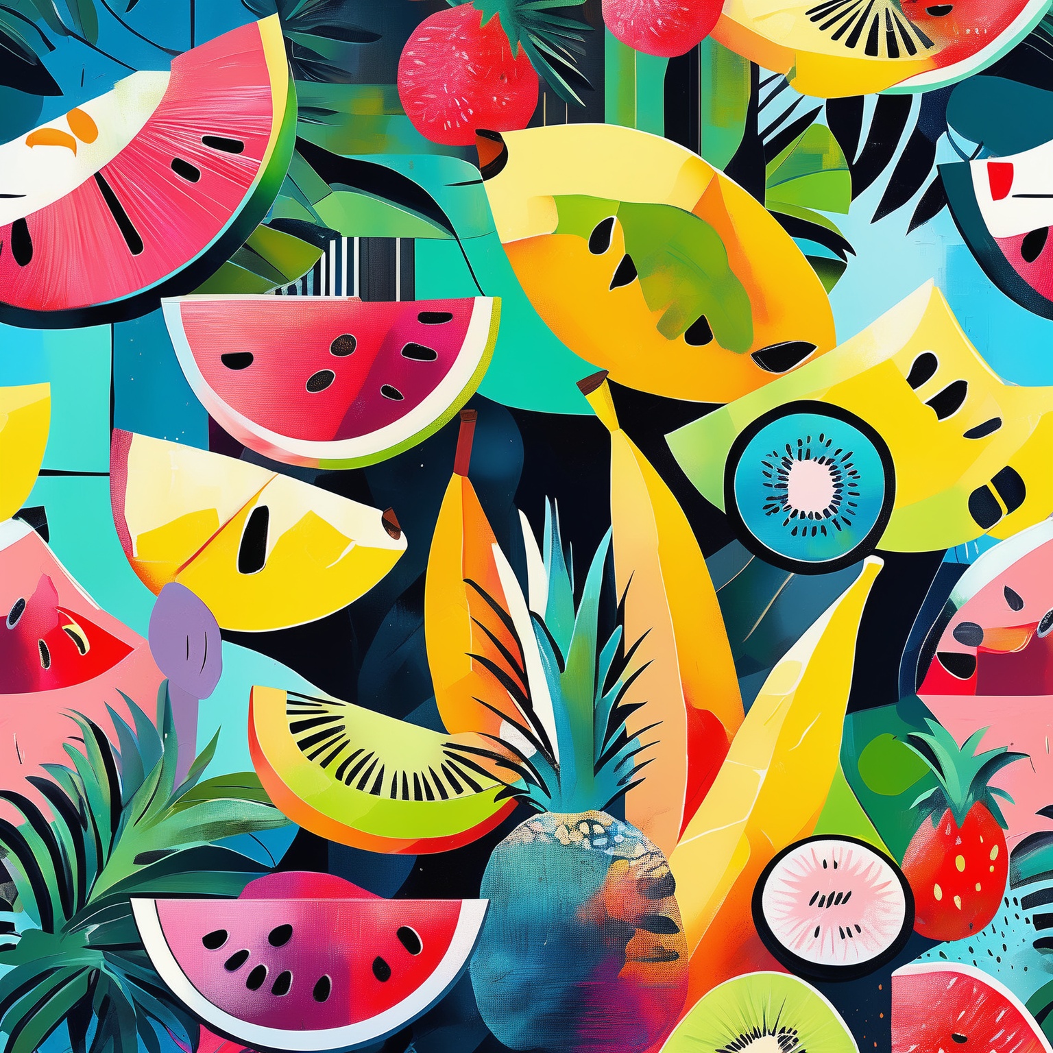 A vibrant and colorful collage of various tropical fruits and elements. Dominating the scene are slices of watermelon,  pi...