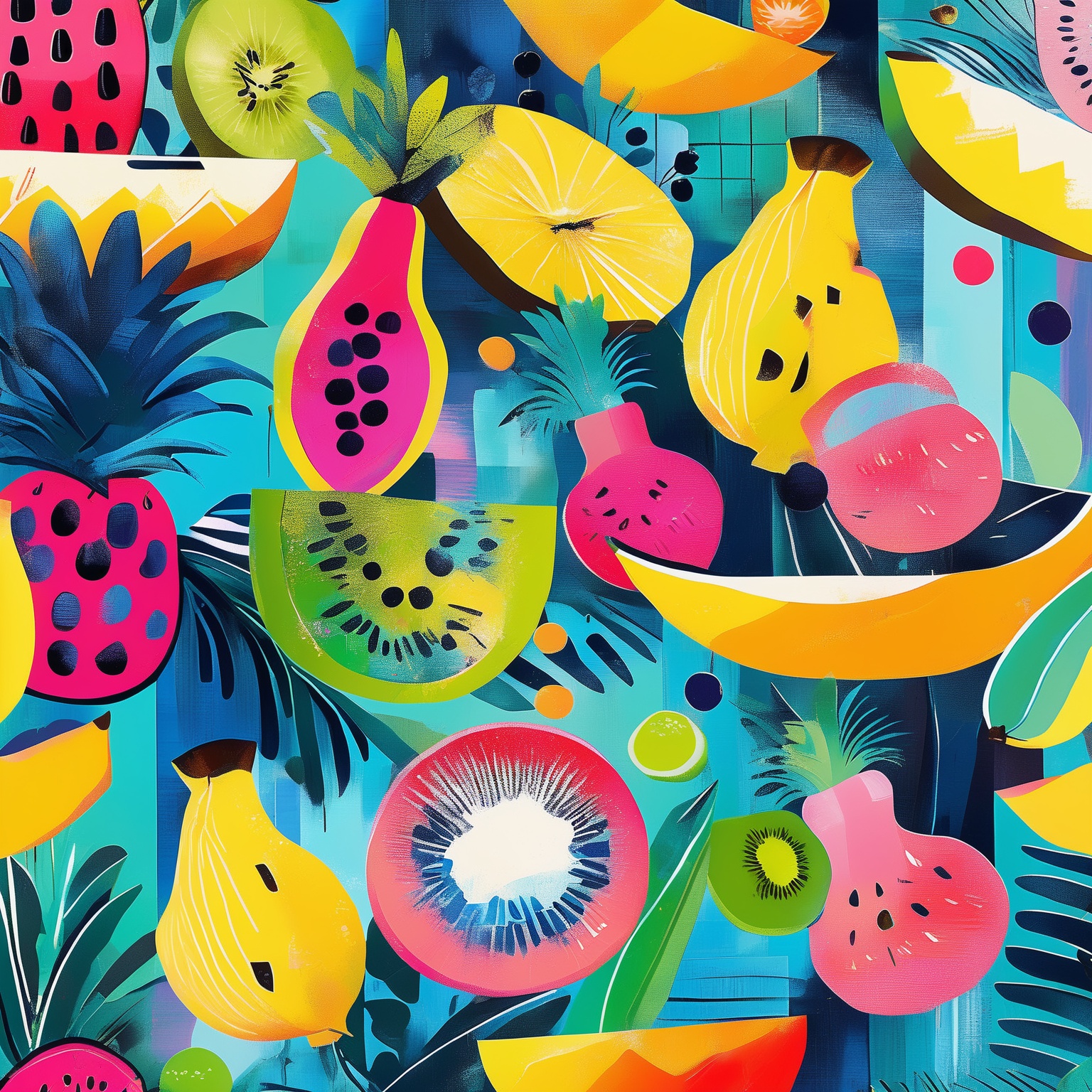 A vibrant and colorful collage of various tropical fruits and elements. Dominating the scene are slices of watermelon,  pi...