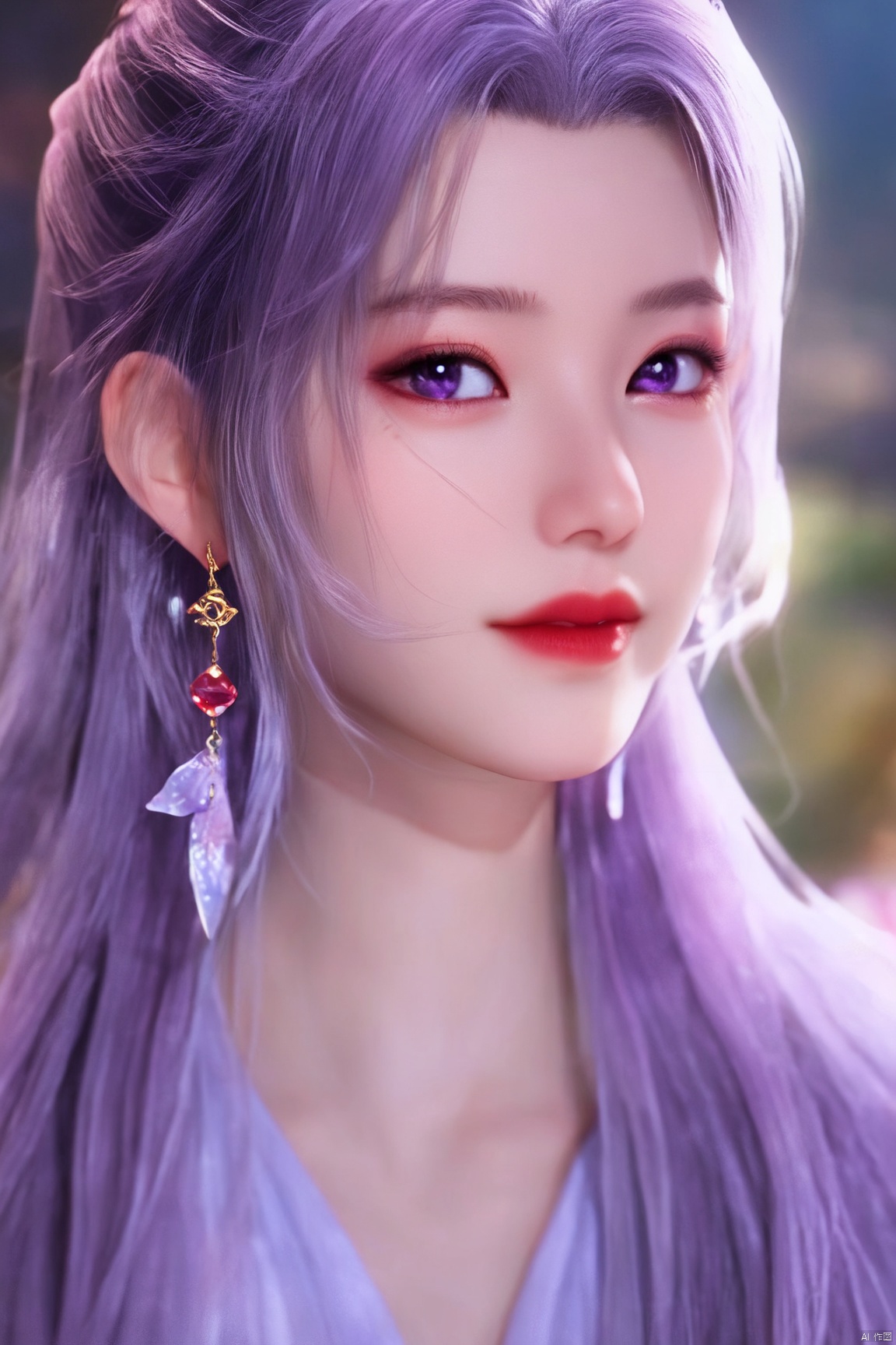  best quality,masterpiece,Yunxiao_Fairy,1girl,solo,long hair,looking at viewer,jewelry,closed mouth,purple eyes,upper body,purple hair,earrings,blurry,blurry background,sunlight,red lips,(big breasts:1.39), 