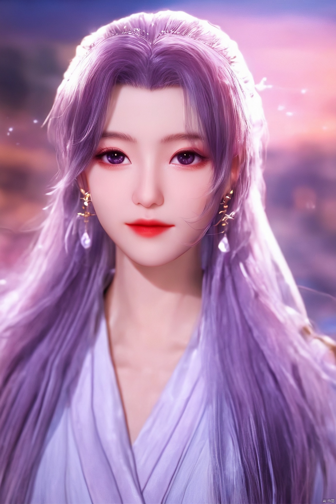  best quality,masterpiece,Yunxiao_Fairy,1girl,solo,long hair,looking at viewer,jewelry,closed mouth,purple eyes,upper body,purple hair,earrings,blurry,blurry background,sunlight,red lips,(big breasts:1.39), 