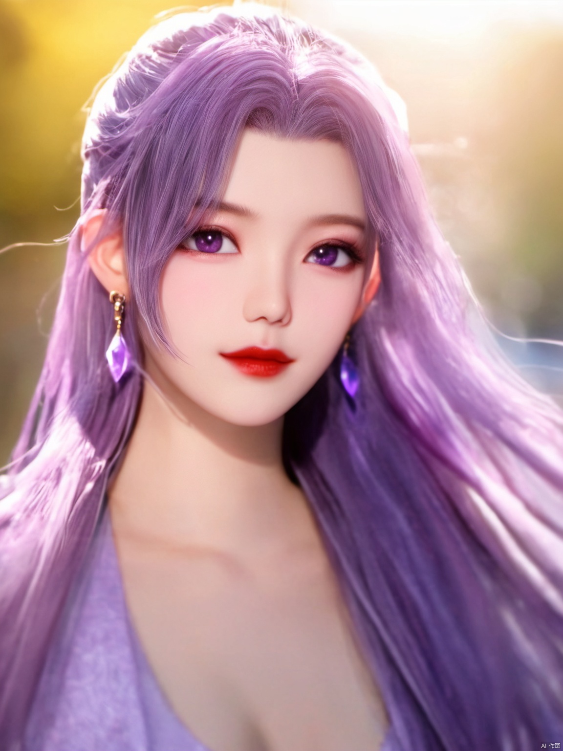  best quality,masterpiece,Yunxiao_Fairy,1girl,solo,long hair,looking at viewer,jewelry,closed mouth,purple eyes,upper body,purple hair,earrings,blurry,blurry background,sunlight,red lips,(big breasts:1.39)