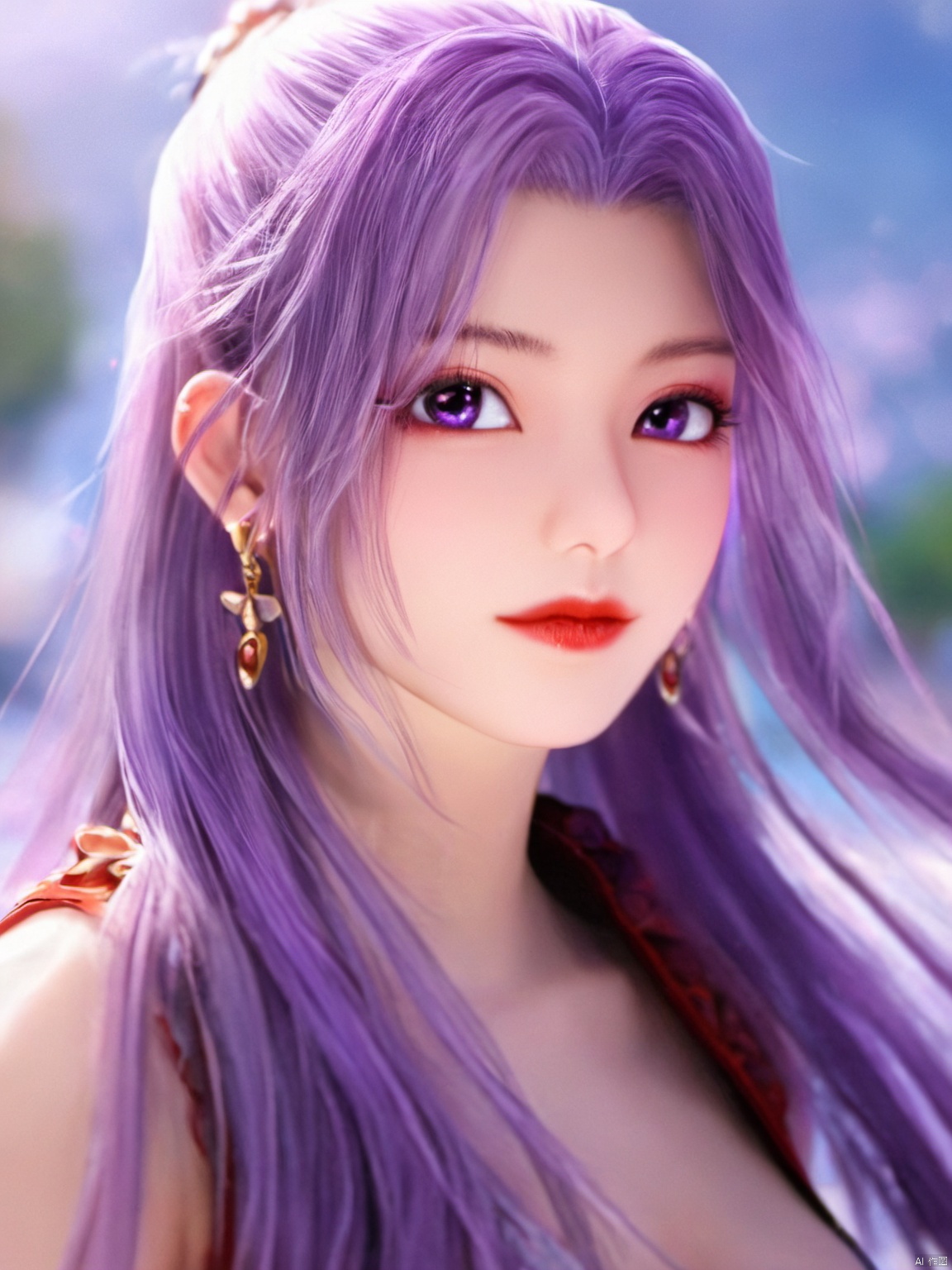  best quality,masterpiece,Yunxiao_Fairy,1girl,solo,long hair,looking at viewer,jewelry,closed mouth,purple eyes,upper body,purple hair,earrings,blurry,blurry background,sunlight,red lips,(big breasts:1.39)