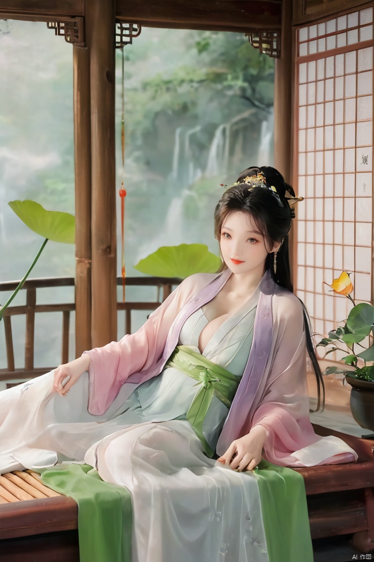  ((1girl)),solo,lying on back on bamboo mat bed in garden,paper fan,thin hanfu,foggy,(curtain),(bamboo forest),(huge breasts:1.88),(Spread your legs and expose your vagina:1.55),tiles roof,light green and white,off shoulders,chinese painting,gongbi style,water_color,(grapevineman:1.4),(huge breasts:2),(trees, artificial mountain, green lotus leaves,light pink lotus flowers),koi,wooden windows,doors,bed,stone,trandional architecture,temple,tower,wall,chinese garden,long hair,full body,bangs,(huge breasts:2.2),(masterpiece, Extremely detailed, best quality, highres:1.2),(ultra_detailed, UHD:1.2),soft smile,huyefo,1girl,see-through,(huge breasts:2.3),,*****,bsp,daxiushan,daxiushan style,