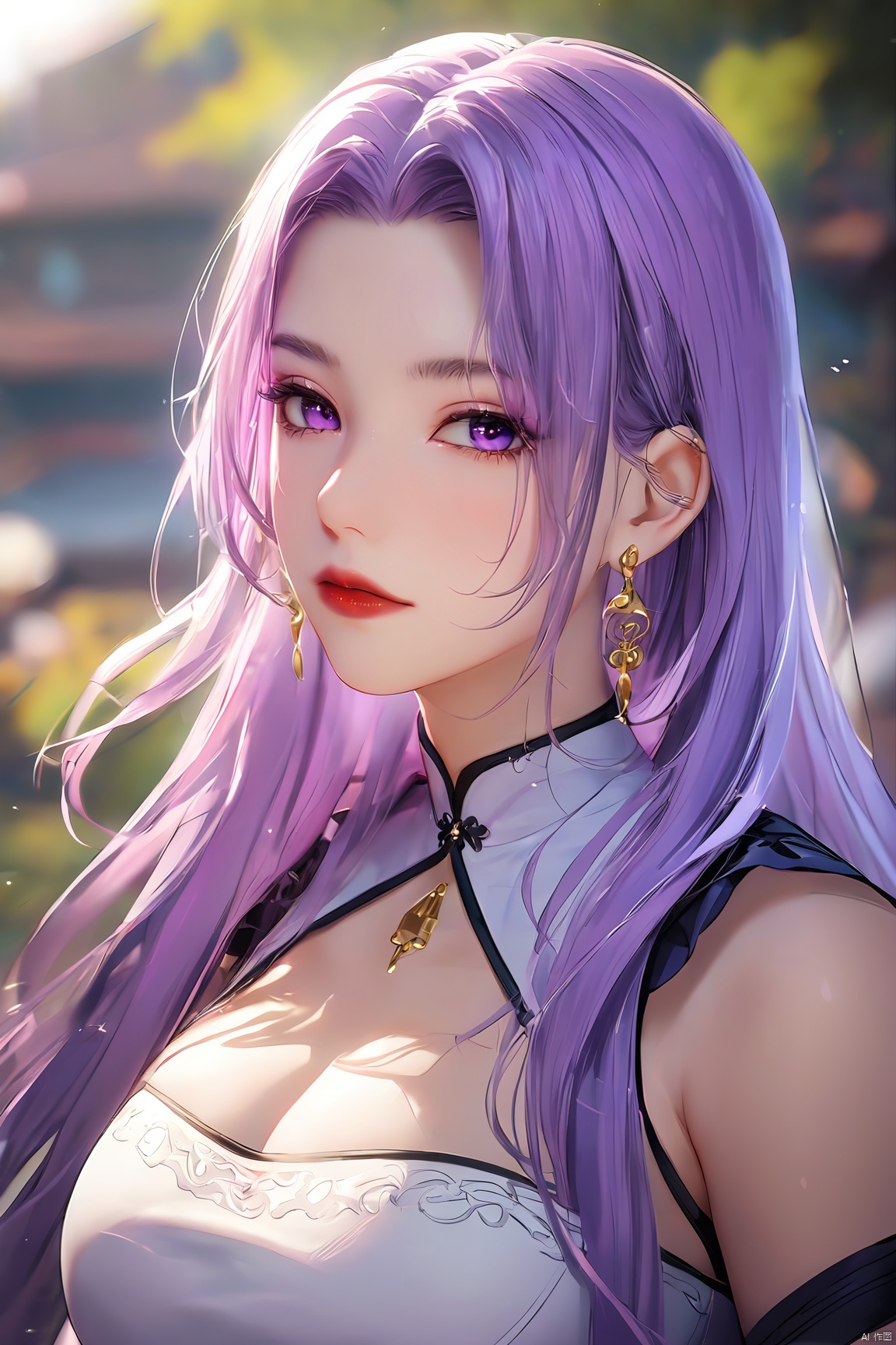  best quality,masterpiece,Yunxiao_Fairy,1girl,solo,long hair,looking at viewer,jewelry,closed mouth,purple eyes,upper body,purple hair,earrings,blurry,blurry background,sunlight,red lips,(big breasts:1.39), 
