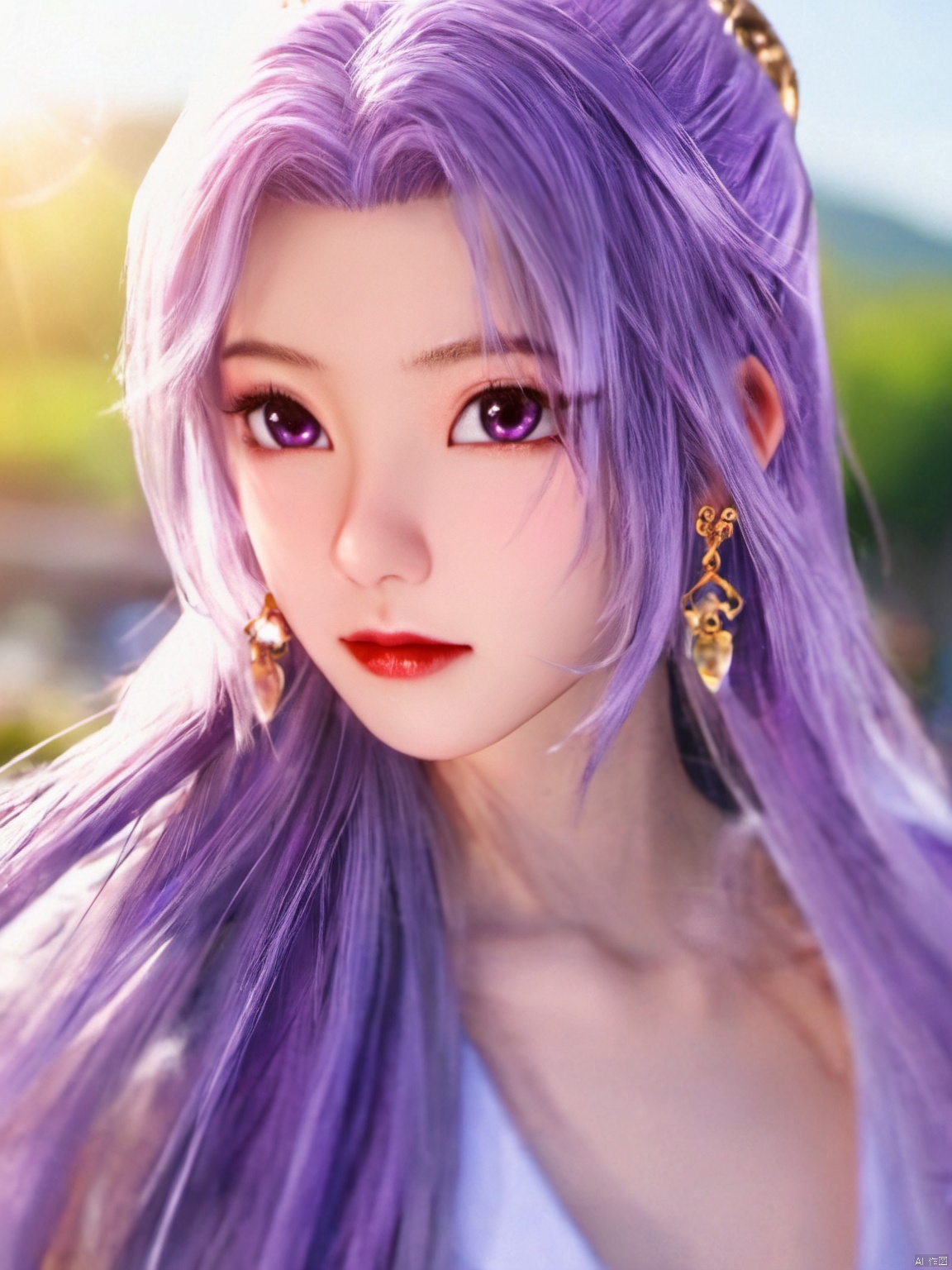  best quality,masterpiece,Yunxiao_Fairy,1girl,solo,long hair,looking at viewer,jewelry,closed mouth,purple eyes,upper body,purple hair,earrings,blurry,blurry background,sunlight,red lips,(big breasts:1.39)