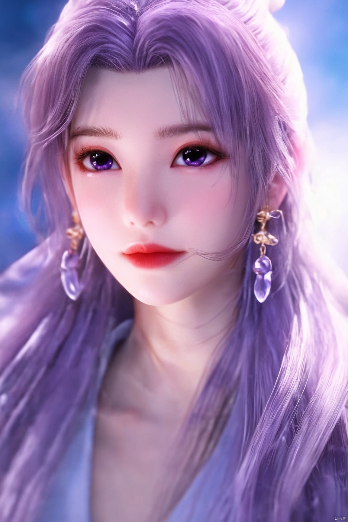  best quality,masterpiece,Yunxiao_Fairy,1girl,solo,long hair,looking at viewer,jewelry,closed mouth,purple eyes,upper body,purple hair,earrings,blurry,blurry background,sunlight,red lips,(big breasts:1.39), 