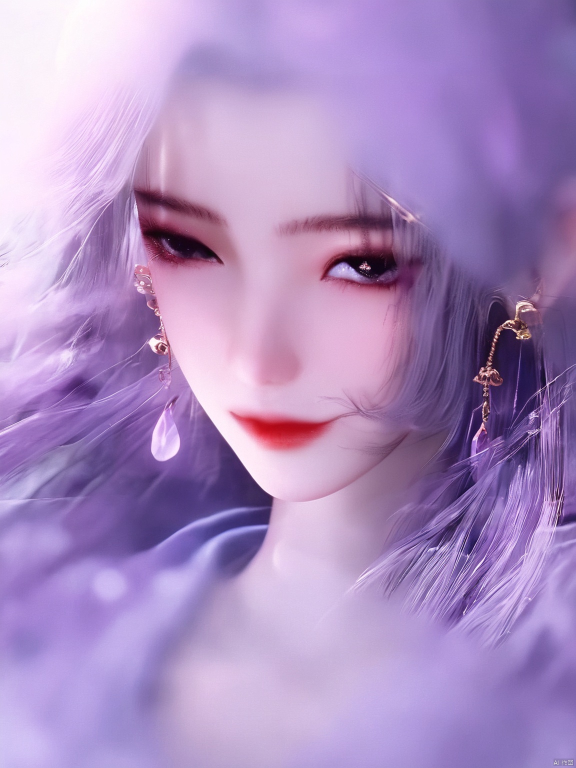  best quality,masterpiece,Yunxiao_Fairy,1girl,solo,long hair,looking at viewer,jewelry,closed mouth,purple eyes,upper body,purple hair,earrings,blurry,blurry background,sunlight,red lips,(big breasts:1.69)