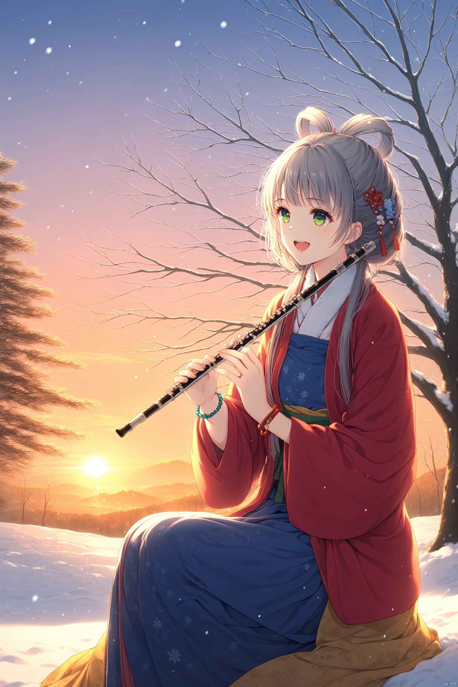  masterpiece,best quality,illustration,ultra detailed,hdr,Depth of field,(colorful),hanfu, 1girl, solo, sitting, instrument, tree, green eyes, open mouth, bare tree, sky, hair rings, snow, smile, grey hair, outdoors, hair ornament, jewelry, skirt, :d, long hair, flute, winter, sunrise, bracelet, japanese clothes,