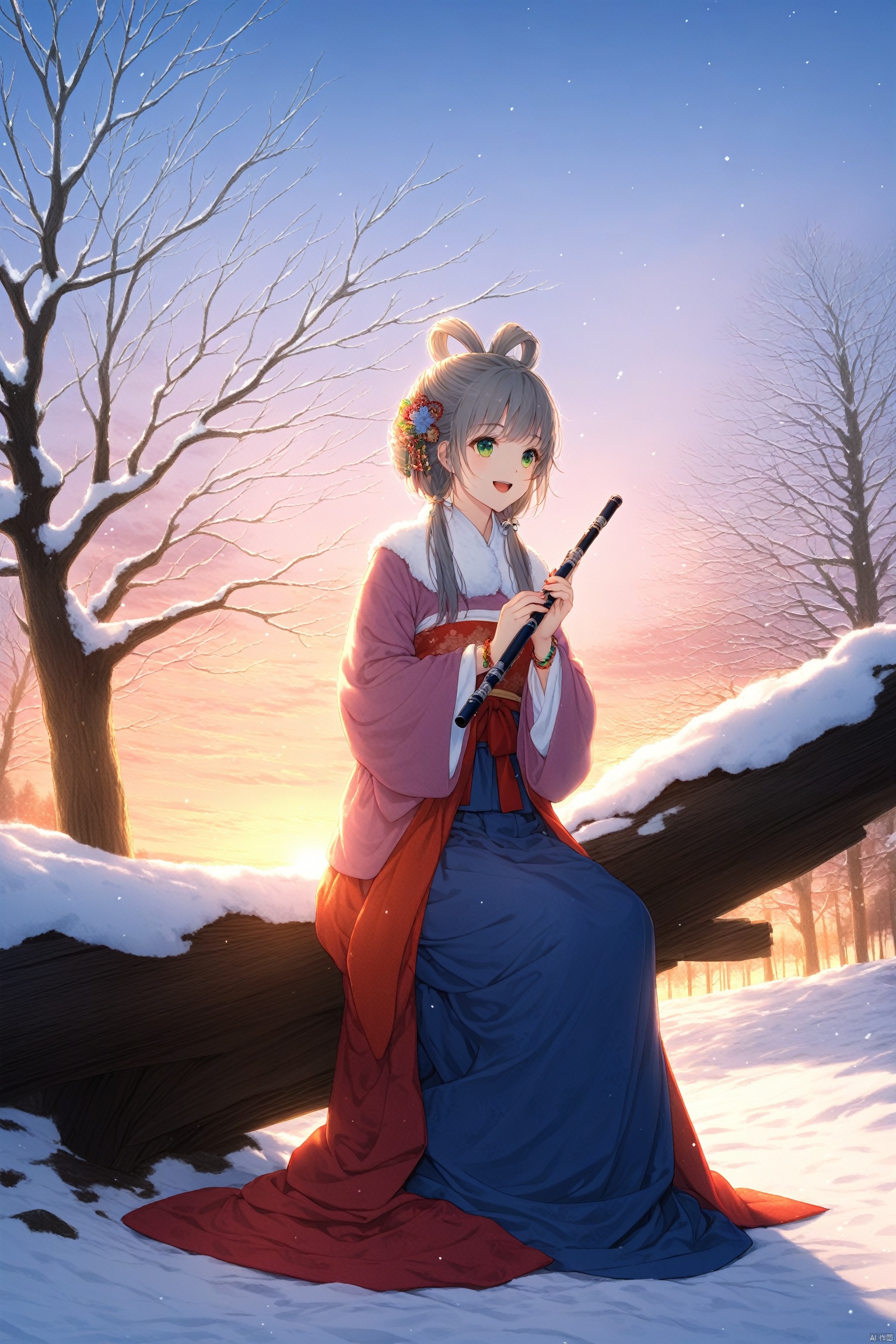  masterpiece,best quality,illustration,ultra detailed,hdr,Depth of field,(colorful),hanfu, 1girl, solo, sitting, instrument, tree, green eyes, open mouth, bare tree, sky, hair rings, snow, smile, grey hair, outdoors, hair ornament, jewelry, skirt, :d, long hair, flute, winter, sunrise, bracelet, japanese clothes,