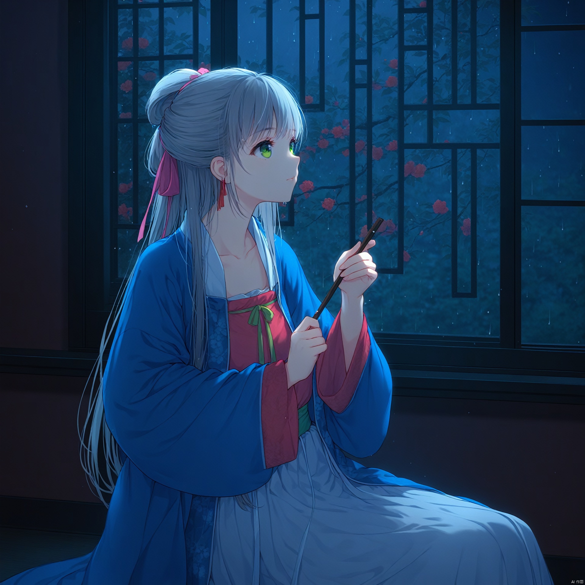 masterpiece,best quality,illustration,ultra detailed,hdr,Depth of field,(colorful),hanfu,1girl,solo,green eyes,chinese clothes,rain,flower,window,night,wide sleeves,ribbon,long sleeves,grey hair,long hair,hair ribbon,indoors,branch,collarbone,looking up,holding,sitting,closed mouth,