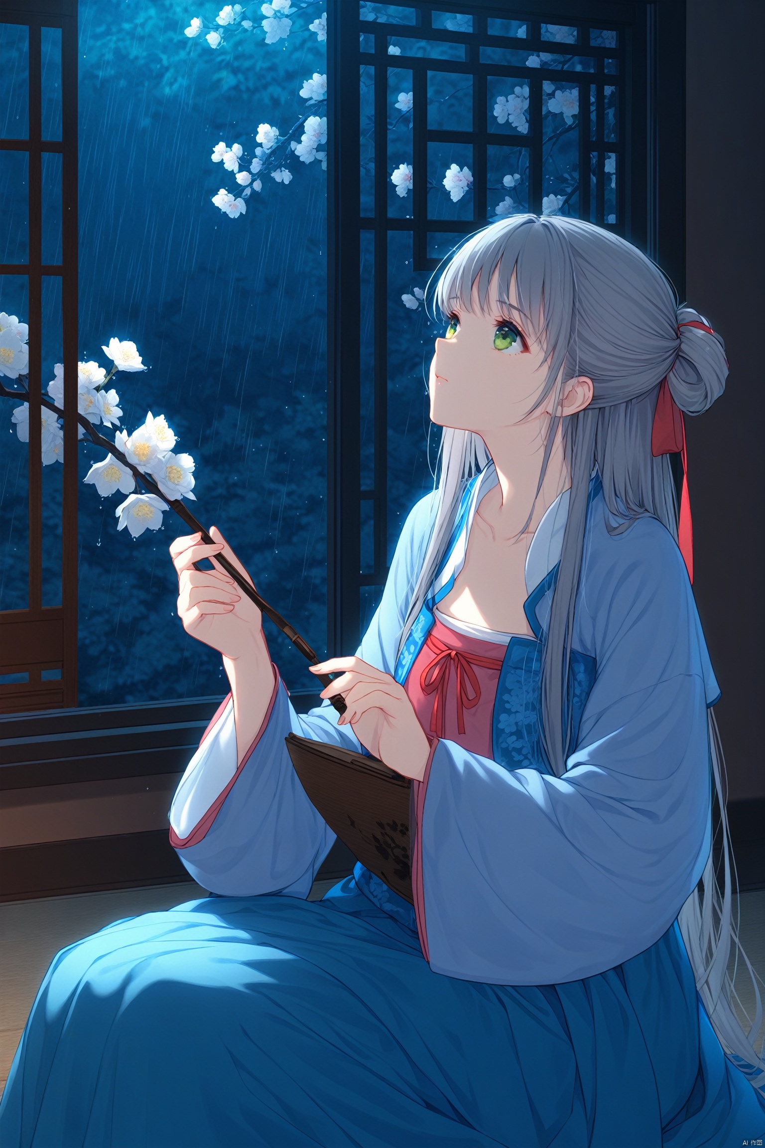 masterpiece,best quality,illustration,ultra detailed,hdr,Depth of field,(colorful),hanfu,1girl,solo,green eyes,chinese clothes,rain,flower,window,night,wide sleeves,ribbon,long sleeves,grey hair,long hair,hair ribbon,indoors,branch,collarbone,looking up,holding,sitting,closed mouth,