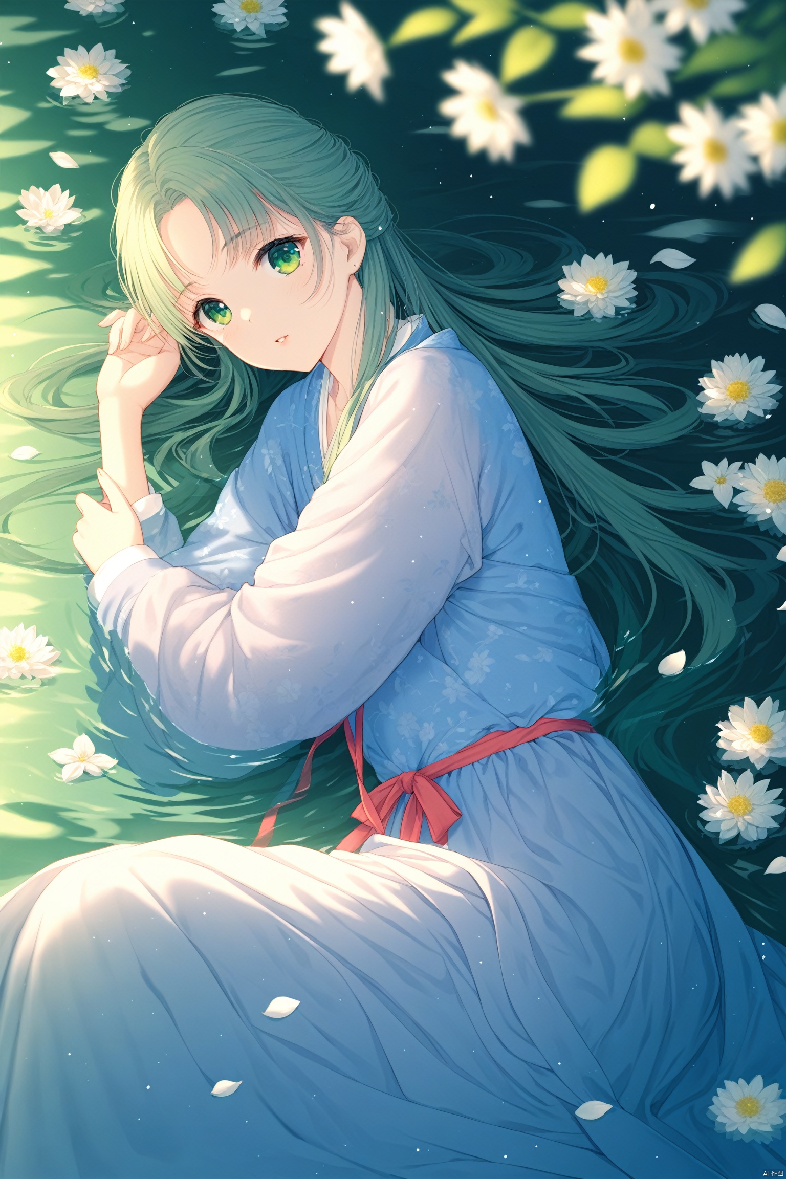  masterpiece,best quality,illustration,ultra detailed,hdr,Depth of field,(colorful),hanfu,1girl,solo,flower,long hair,green eyes,water,white flower,lying,looking at viewer,parted bangs,dress,long sleeves,petals,on side,partially submerged,ribbon,