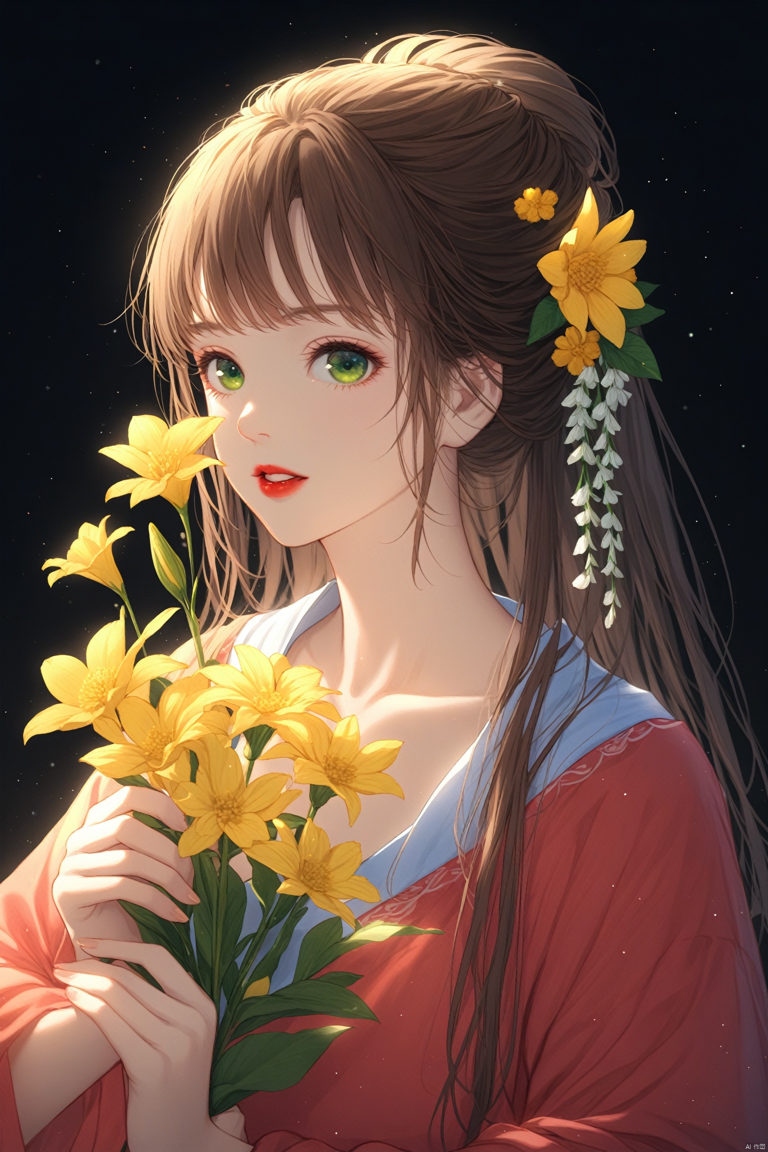  masterpiece,best quality,illustration,ultra detailed,hdr,Depth of field,(colorful),hanfu,1girl, flower, solo, long hair, holding, hair ornament, upper body, brown hair, looking at viewer, green eyes, black background, parted lips, holding flower, long sleeves, red lips, light particles, hair flower, collarbone, yellow flower, bouquet, lips, dress
