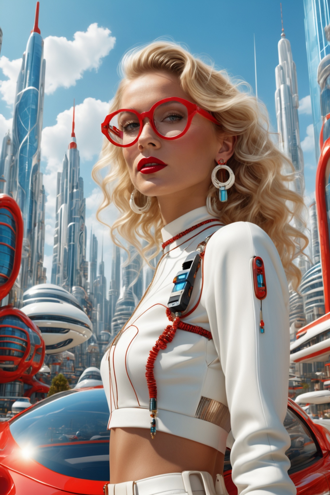 A young woman with wavy blonde hair,  wearing round glasses,  a white and red outfit on Tensor.Art