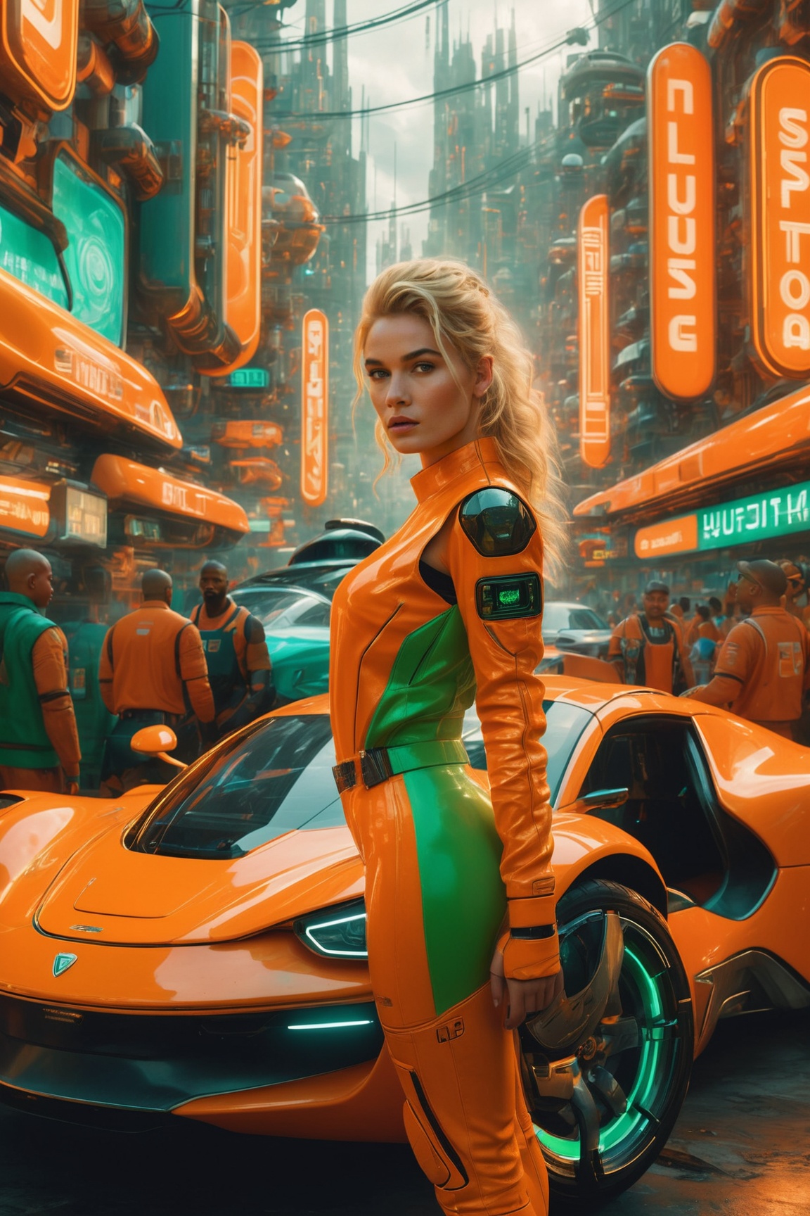 A young woman with blonde hair,  standing next to a vibrant orange sports car. She is wearing a futuristic,  orange outfit...
