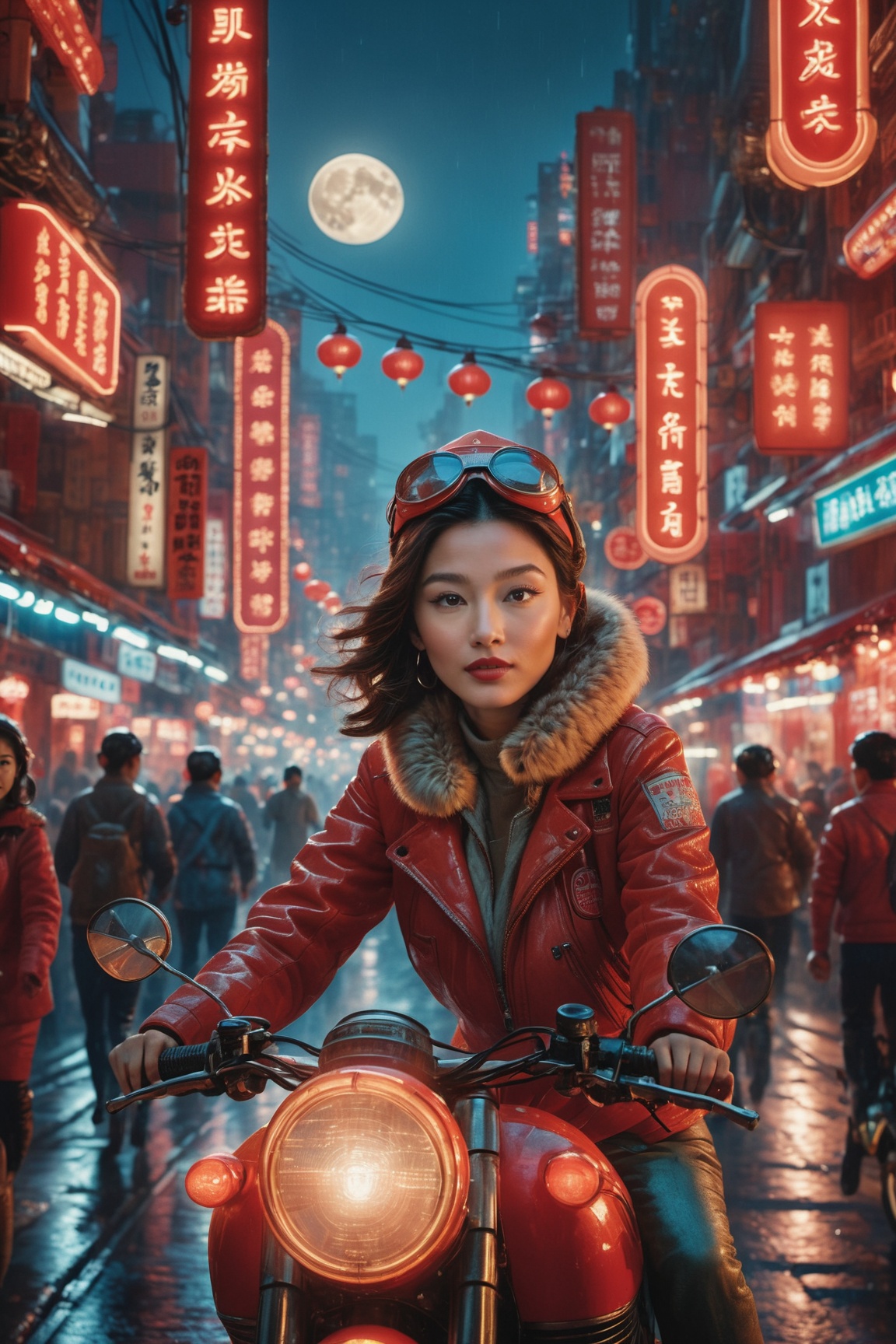 A young woman riding a motorcycle through a bustling urban street at night. The backdrop is illuminated by neon signs,  wi...
