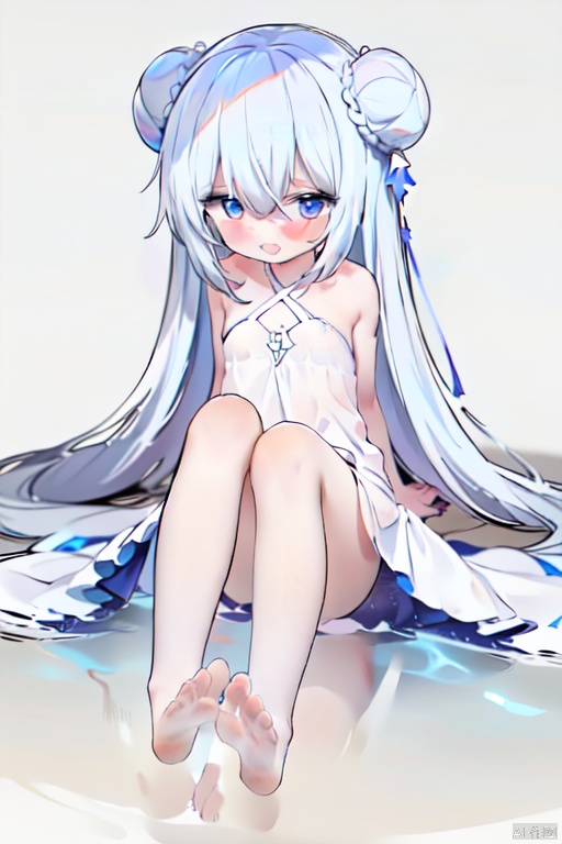 1girl, solo, long hair, looking at viewer, blush, open mouth, bangs, blue eyes, simple background, white background, dress, bare shoulders, sitting, very long hair, full body, flower, white hair, barefoot, hair bun, white dress, feet, legs, bare legs, double bun, toes, halterneck, soles, + +, criss-cross halter, sundress, le malin \(azur lane\)