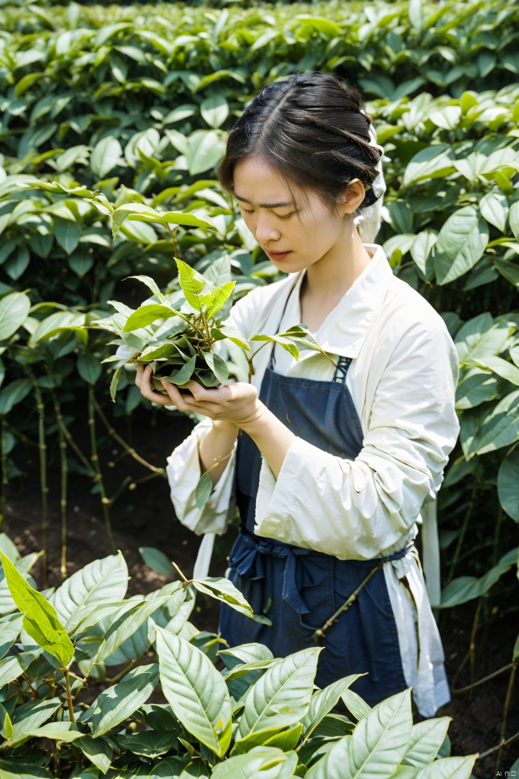  absurdres,incredibly absurdres,reality,realistic,,(solo:1.2), Picking in the tea fields_ (With the new leaves in his hands:1.5)