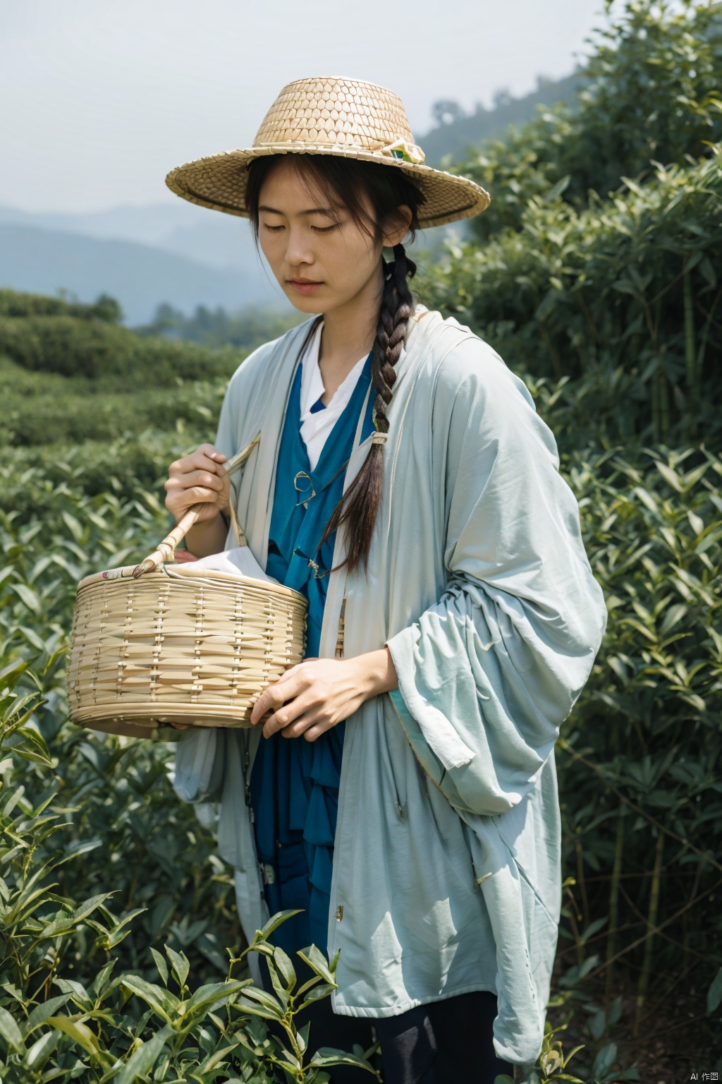  absurdres,incredibly absurdres,reality,realistic,,(solo:1.2), Picking tea in the tea fields_With a bamboo basket in his hand