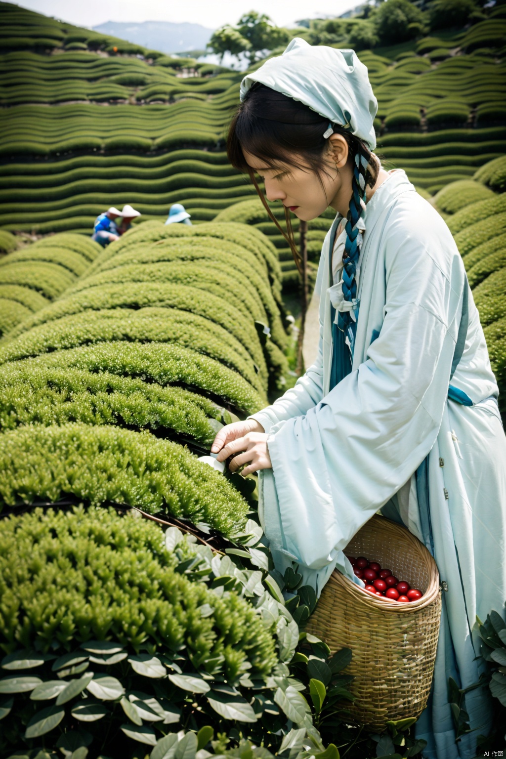  absurdres,incredibly absurdres,reality,realistic,,(solo:1.2), Picking in the tea fields