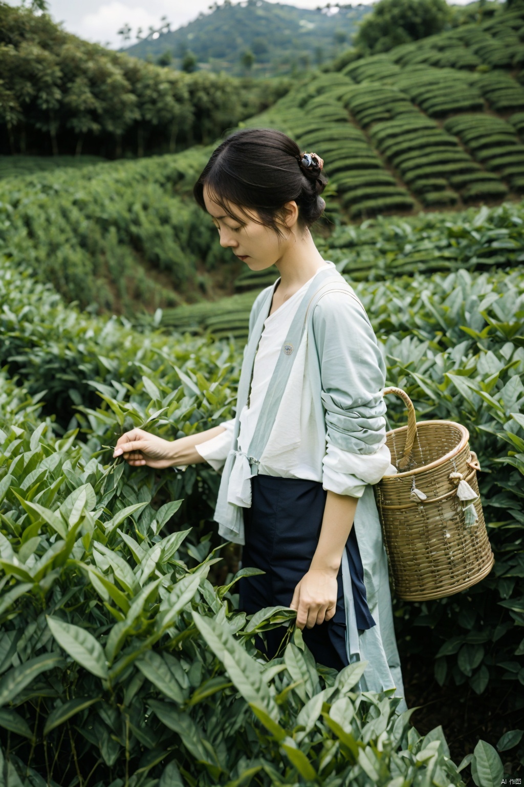  absurdres,incredibly absurdres,reality,realistic,,(solo:1.2), Picking in the tea fields