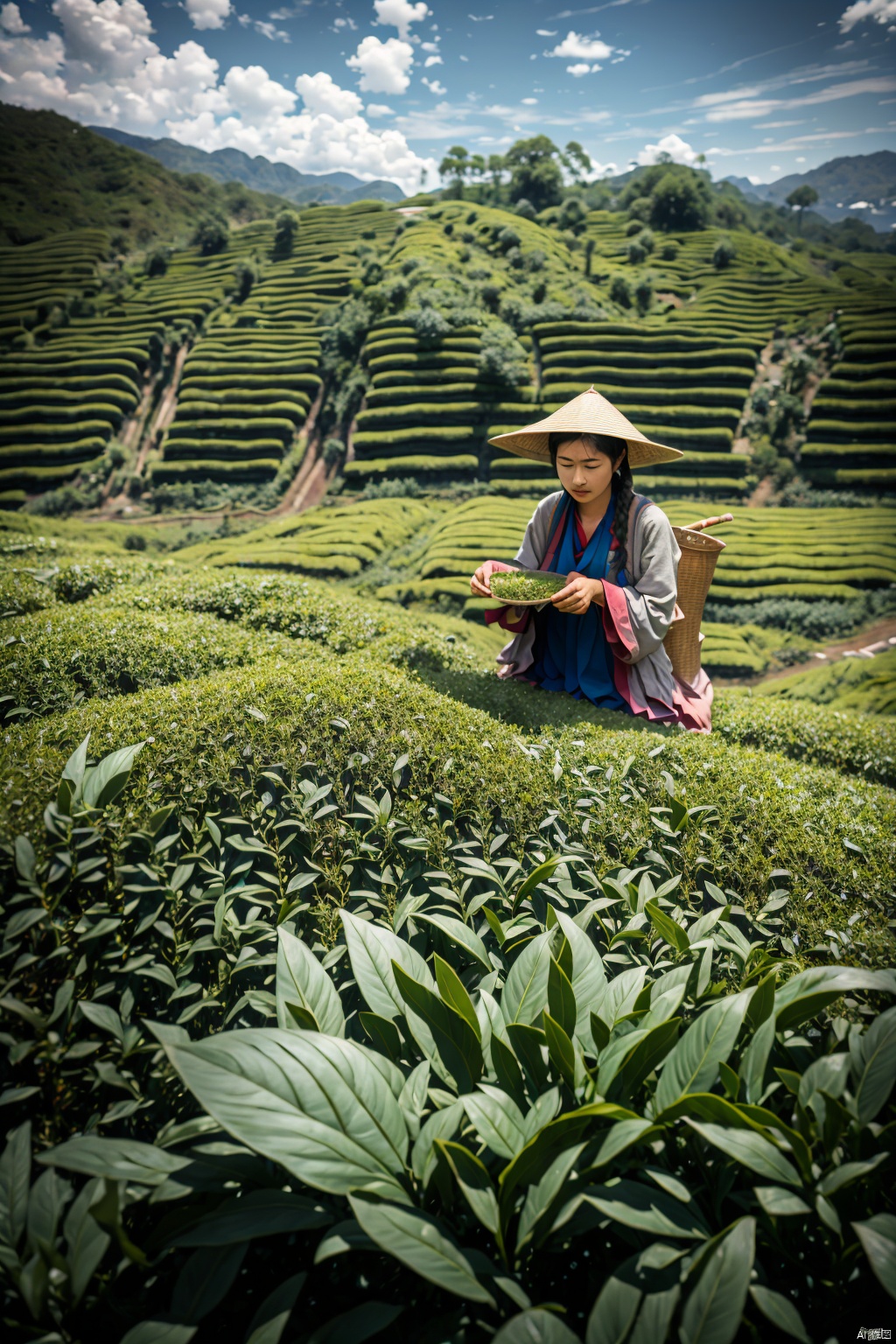  absurdres,incredibly absurdres,reality,realistic,,(solo:1.2), Picking in the tea fields_ (With the new leaves in his hands:1.2)