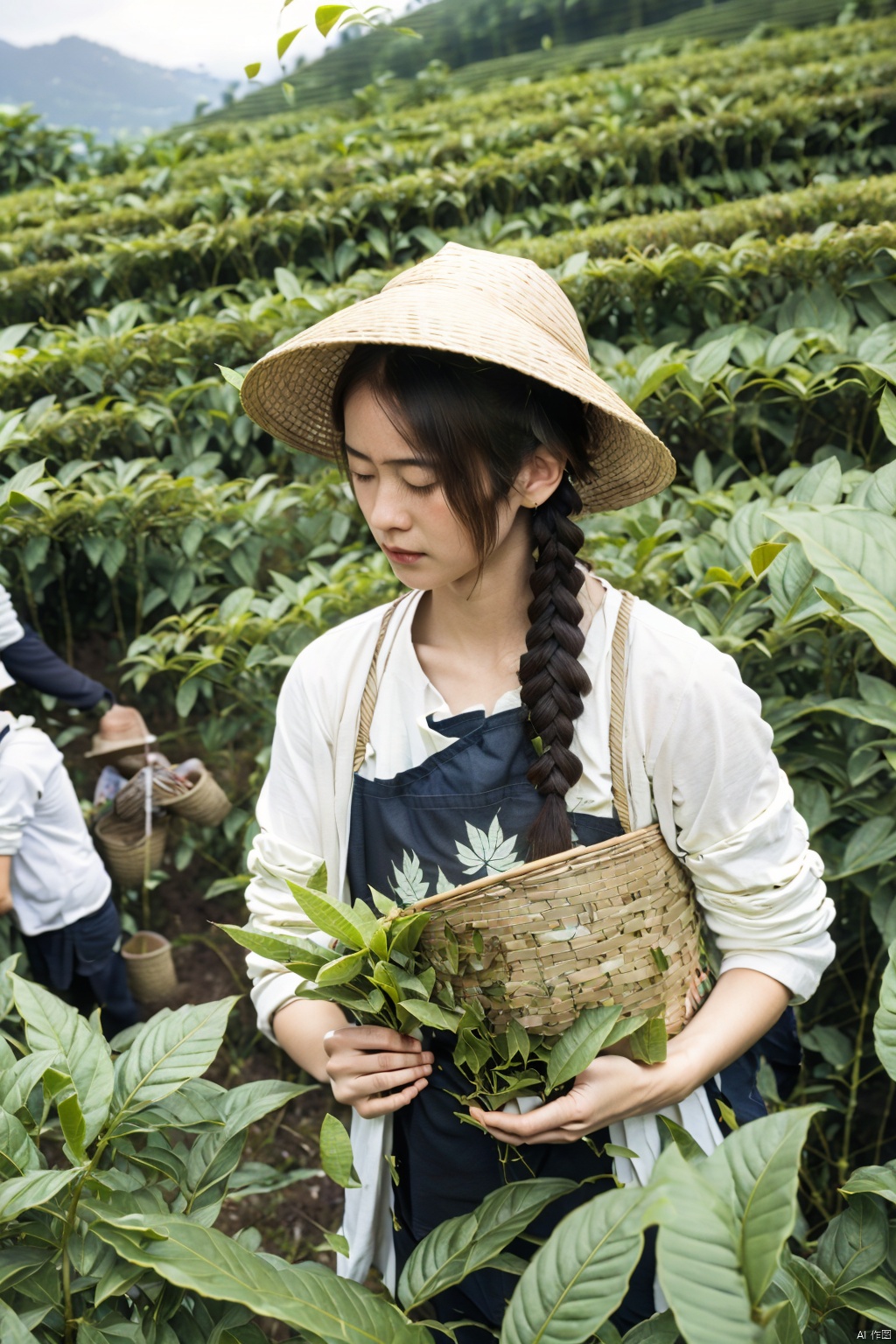  absurdres,incredibly absurdres,reality,realistic,,(solo:1.2), Picking in the tea fields_ (With the new leaves in his hands:1.5)