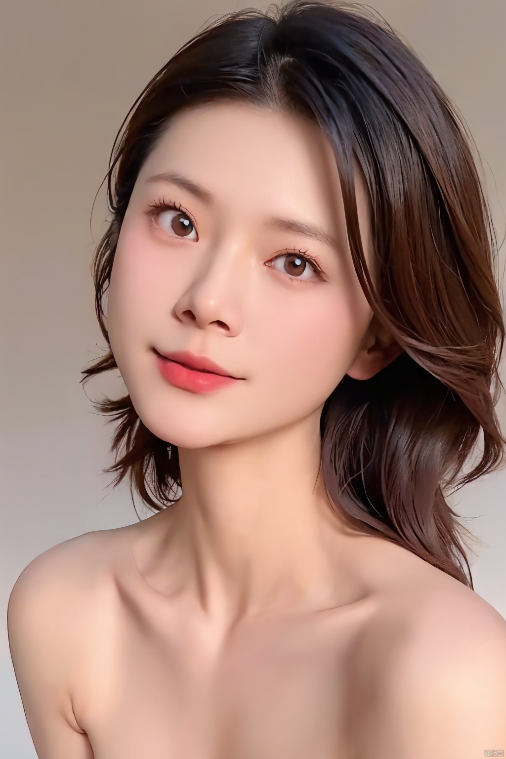  1girl, solo, naked, 
plain smile,,looking_at_viewer,white_background, black_eyes, gradient, collarbone,
( chiaroscuro,Fujicolor, UHD, super detail ,raw,85mm,f/1.2,FujifilmXT4,),only face