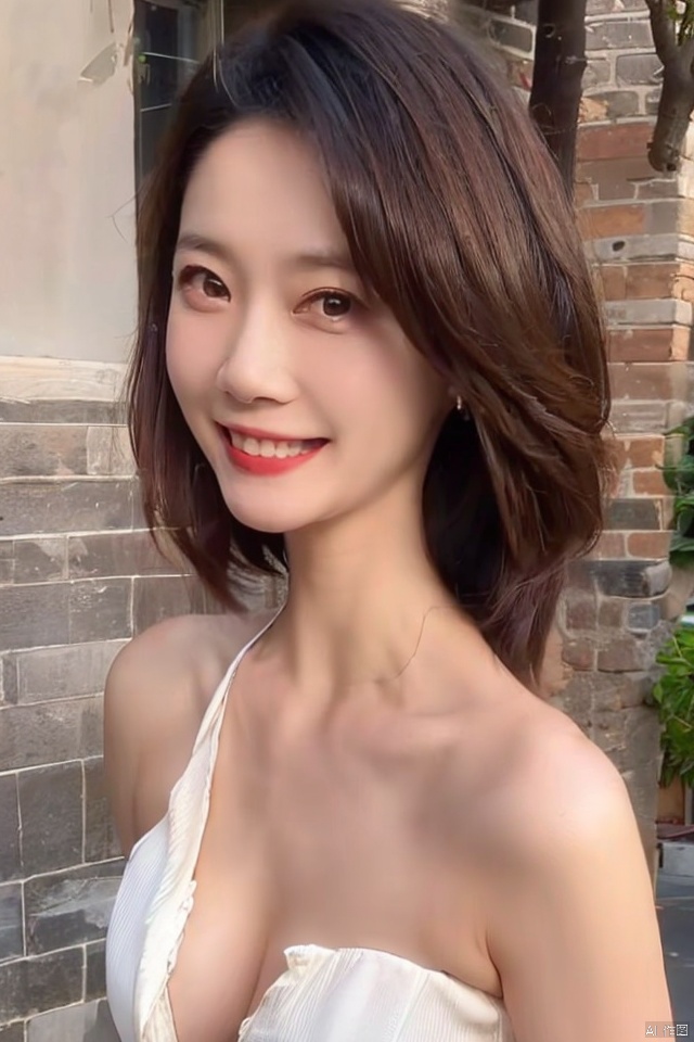  best quality,masterpiece,ultra high res,looking at viewer,simple background,portrait (object),
1girl, solo, breasts, looking at viewer, smile, brown hair, black hair, dress, cleavage, bare shoulders, medium breasts, teeth, grin, black eyes, wedding dress, realistic