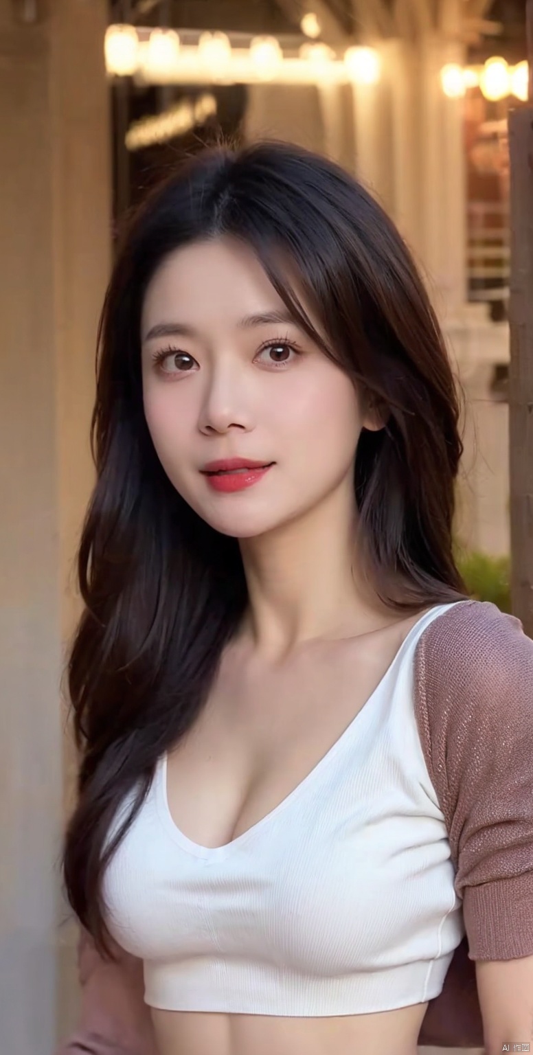  sweet smile、night、original photography、(((ultimate beauty portrait)))、((sparkling skin))、1 girl、 15 year old beautiful girl、bright expression、((dark brown hair))、(cleavage)、 (white crop top: 1.4), tight leather pants,（red lips：2.0）, The face is super delicate,naked thighs,((Big eyes sparkling like gems))、Glowing and radiant skin、(Goddess of Rapunzel)、(silk headband)、(standing)、(from below)、Eyeliner、beautiful bangs、hair between eyes、((​Masterpiece、top quality、Super detailed、Warm colors、intricate details、high resolution、Very detailed))、background for this、digitalSLR、softlight、highquality、filmgrain、富士XT3 、shallow view deep、natural soft light、Kamimei、plump bust,Big breasts,Protruding breasts