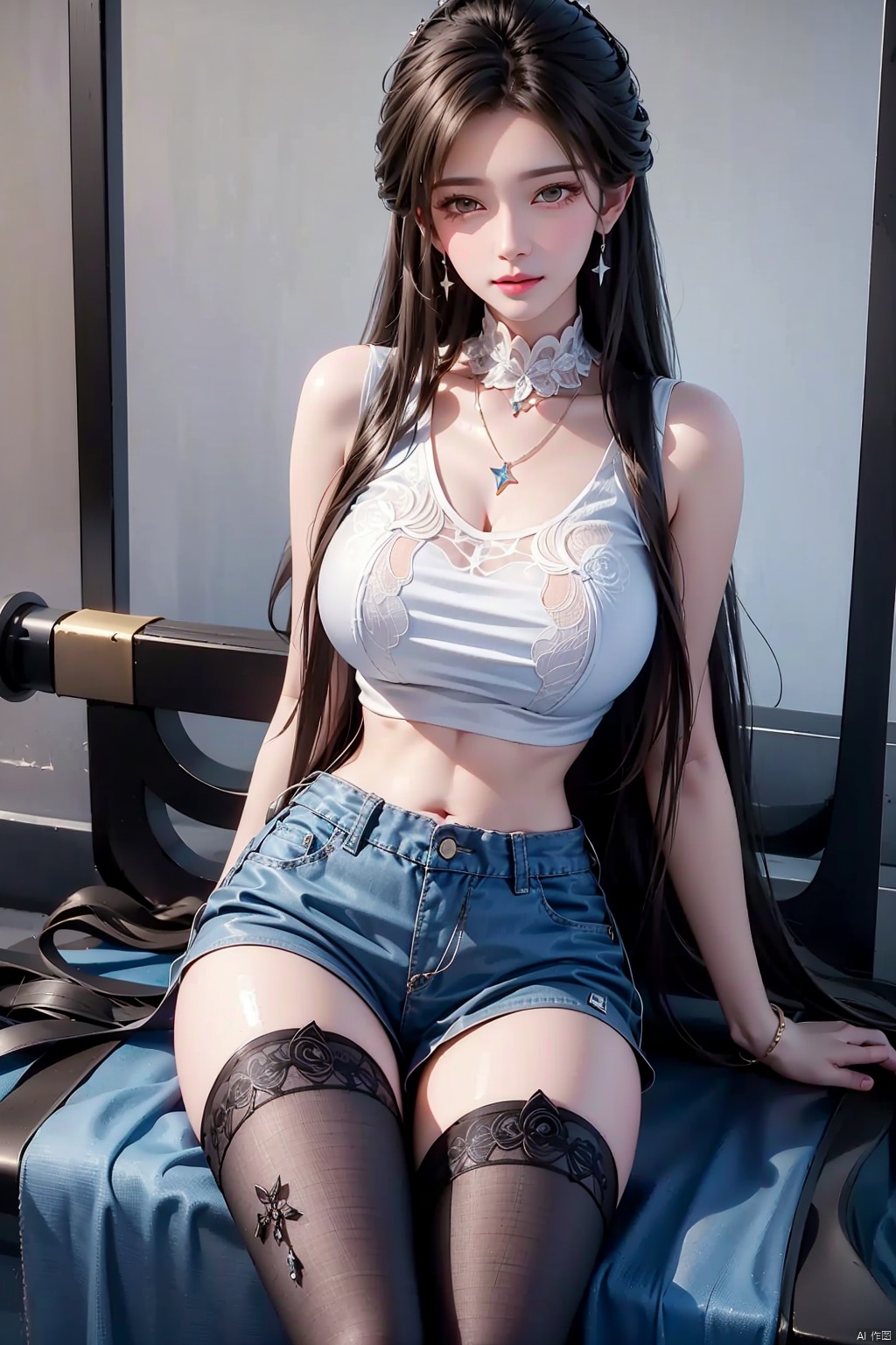 A stunning 8K masterpiece! A beautiful girl with long brown hair and brown eyes sits confidently, gazing directly at the viewer. She wears a sleeveless white shirt with a crop top, showcasing her toned midriff. Her legs are adorned with cableknit patterned stockings, paired with short blue denim shorts. The focus is on her, as the blurry background subtly emphasizes her presence. Around her neck, she sports a delicate necklace, complementing her hoop earrings and simple white sneakers. Her lips curve into a gentle smile, framing her facial features. The overall aesthetic is one of effortless elegance, exuding confidence and poise.