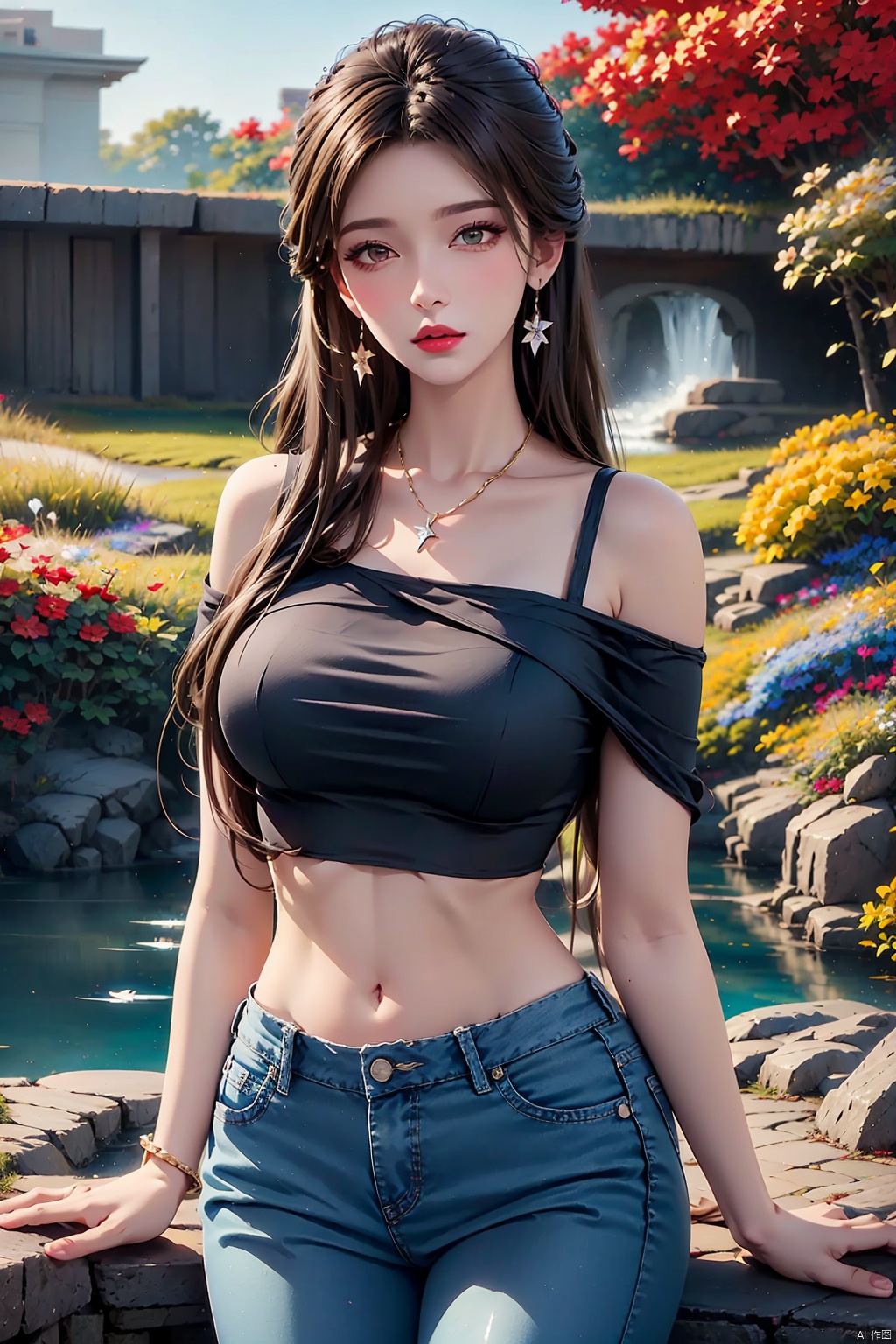  masterpiece, ultra-clear picture quality, real effect, 8k ultra-clear, fine picture effect, ((poakl)),1girl, solo, long hair, breasts, looking at viewer, brown hair, shirt, black hair, navel, bare shoulders, jewelry, medium breasts, standing, collarbone, short sleeves, cowboy shot, earrings, outdoors, parted lips, day, midriff, pants, necklace, off shoulder, tree, lips, crop top, parted bangs, makeup, leaf, plant, denim, building, red shirt, pink shirt, jeans, stairs, realistic, arms at sides, off-shoulder shirt, red lips, bush, cropped shirt
