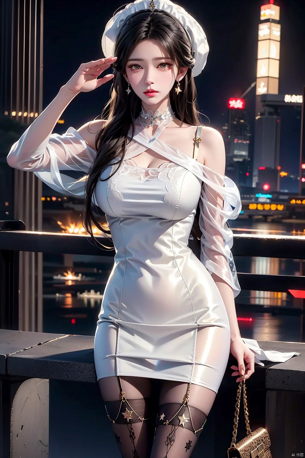 masterpiece, ultra-clear picture quality, real effect, 8k ultra-clear, fine picture effect,((poakl)),cableknit,fishnets,floral print,leopard print,star \(symbol\),argyle,argyle legwear,print legwear, blackpantyhose,1girl, solo, long hair, looking at viewer, black hair, hat, dress, brown eyes, jewelry, earrings, choker, bag, white dress, lips, realistic, salute, shoulder cutout, white choker