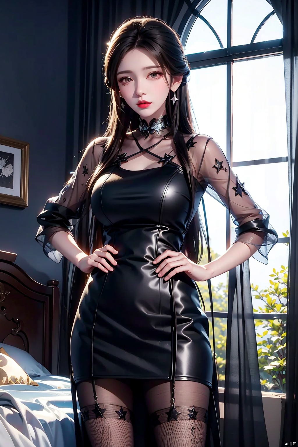 masterpiece, ultra-clear picture quality, real effect, 8k ultra-clear, fine picture effect,((poakl)),white hair,cableknit,fishnets,floral print,leopard print,star \(symbol\),argyle,argyle legwear,print legwear, blackpantyhose,1girl, solo, long hair, breasts, looking at viewer, black hair, dress, jewelry, closed mouth, cowboy shot, earrings, choker, indoors, white dress, lips, hand on hip, bed, tattoo, curtains, red lips
