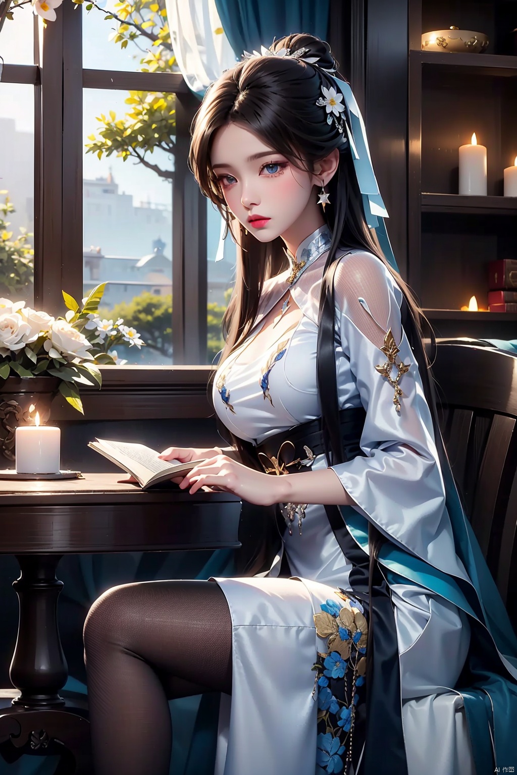 masterpiece, ultra-clear picture quality, real effect, 8k ultra-clear, fine picture effect,((poakl)),cableknit,fishnets,floral print,leopard print,star \(symbol\),argyle,argyle legwear,print legwear, blackpantyhose,1girl, solo, long hair, blue eyes, black hair, hair ornament, long sleeves, dress, holding, jewelry, sitting, closed mouth, flower, earrings, indoors, hair flower, hair bun, white dress, from side, book, window, chinese clothes, table, holding book, open book, candle, windowsill