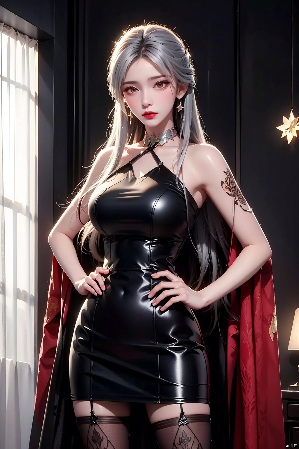 masterpiece, ultra-clear picture quality, real effect, 8k ultra-clear, fine picture effect,((poakl)),white hair,cableknit,fishnets,floral print,leopard print,star \(symbol\),argyle,argyle legwear,print legwear, blackpantyhose,1girl, solo, long hair, breasts, looking at viewer, black hair, dress, jewelry, closed mouth, cowboy shot, earrings, choker, indoors, white dress, lips, hand on hip, bed, tattoo, curtains, red lips