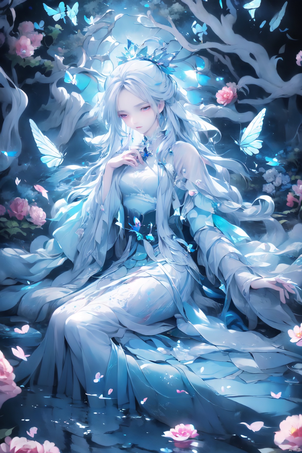 (masterpiece), (best quality), illustration, ultra detailed, hdr, Depth of field, (colorful),This is a masterpiece that exudes exceptional quality. The illustration is ultra-detailed, utilizing HDR technology to create a sense of depth. The subject matter is an original, delicate, and beautiful artwork, vibrant with color and filled with fantastical elements. The girl is sitting by a deep sea, surrounded by flowing water, with a dull blue World Tree in the background, situated in a cemetery. The serene and dreamy atmosphere gives the entire scene a soulful and enchanting quality. Her pale complexion, azure blue eyes that glow, and silver hair adorned with flowers create a captivating portrait. She wears a Lolita-inspired fashion, expressionless with her mouth closed. The backgrounds range from white, transparent, circular options, and there are also flying translucent blue butterflies that add a sense of liveliness to the piece.,柳神, lxq