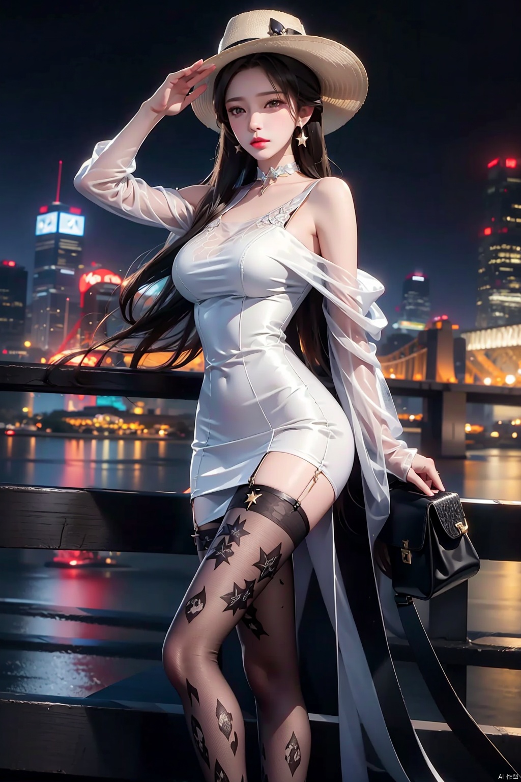 masterpiece, ultra-clear picture quality, real effect, 8k ultra-clear, fine picture effect,((poakl)),cableknit,fishnets,floral print,leopard print,star \(symbol\),argyle,argyle legwear,print legwear, blackpantyhose,1girl, solo, long hair, looking at viewer, black hair, hat, dress, brown eyes, jewelry, earrings, choker, bag, white dress, lips, realistic, salute, shoulder cutout, white choker