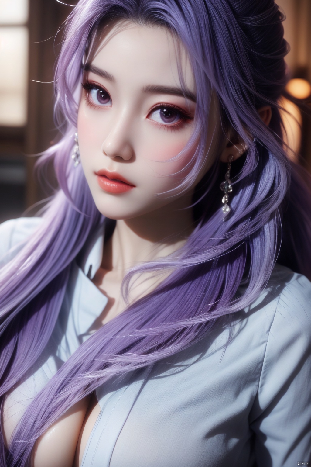 best quality,masterpiece,Yunxiao_Fairy,1girl,solo,long hair,looking at viewer,jewelry,closed mouth,purple eyes,upper body,purple hair,earrings,blurry,blurry background,sunlight,red lips,(big breasts:1.59)