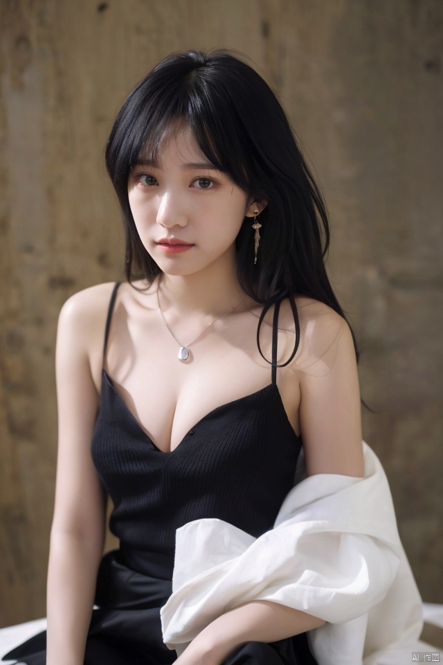 
best quality,masterpiece,ultra high res,looking at viewer,simple background,portrait (object), 
1girl, solo, long hair, looking at viewer, skirt, black hair, jewelry, earrings, necklace, camisole, long skirt, realistic