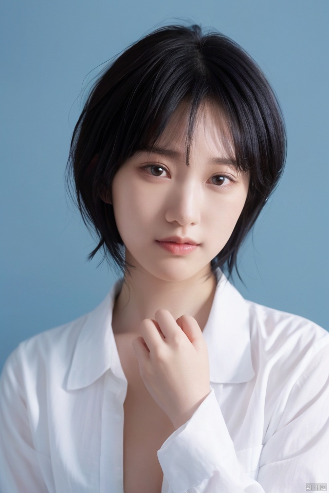 
best quality,masterpiece,ultra high res,looking at viewer,simple background,portrait (object), 1girl, solo, looking at viewer, short hair, shirt, black hair, long sleeves, closed mouth, white shirt, upper body, flower, black eyes, lips, blue background, realistic