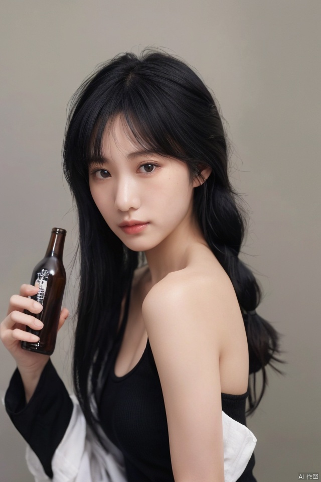 
best quality,masterpiece,ultra high res,looking at viewer,simple background,portrait (object), 
1girl, solo, long hair, looking at viewer, black hair, holding, bare shoulders, upper body, braid, sleeveless, looking back, mole, black eyes, lips, black shirt, bottle