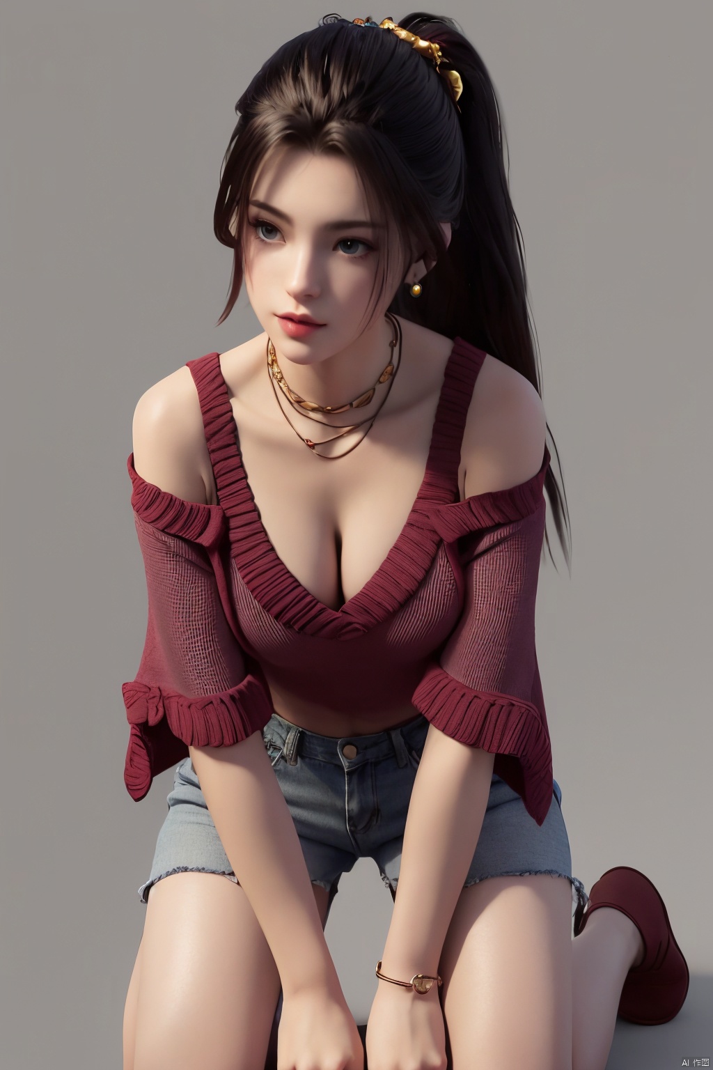  ((HRD, HUD, 8K)),((masterpiece, best quality)), highly detailed,1girl, solo, black hair, long hair, hair ornament, hair bun, blue eyes, lips,earrings, jewelry, necklace, (off-shoulder sweater:1.2), denim shorts, black pantyhose,simple background, grey background, flat color background, full body, (kneeling&setting on floot:1.2), looking at viewer,