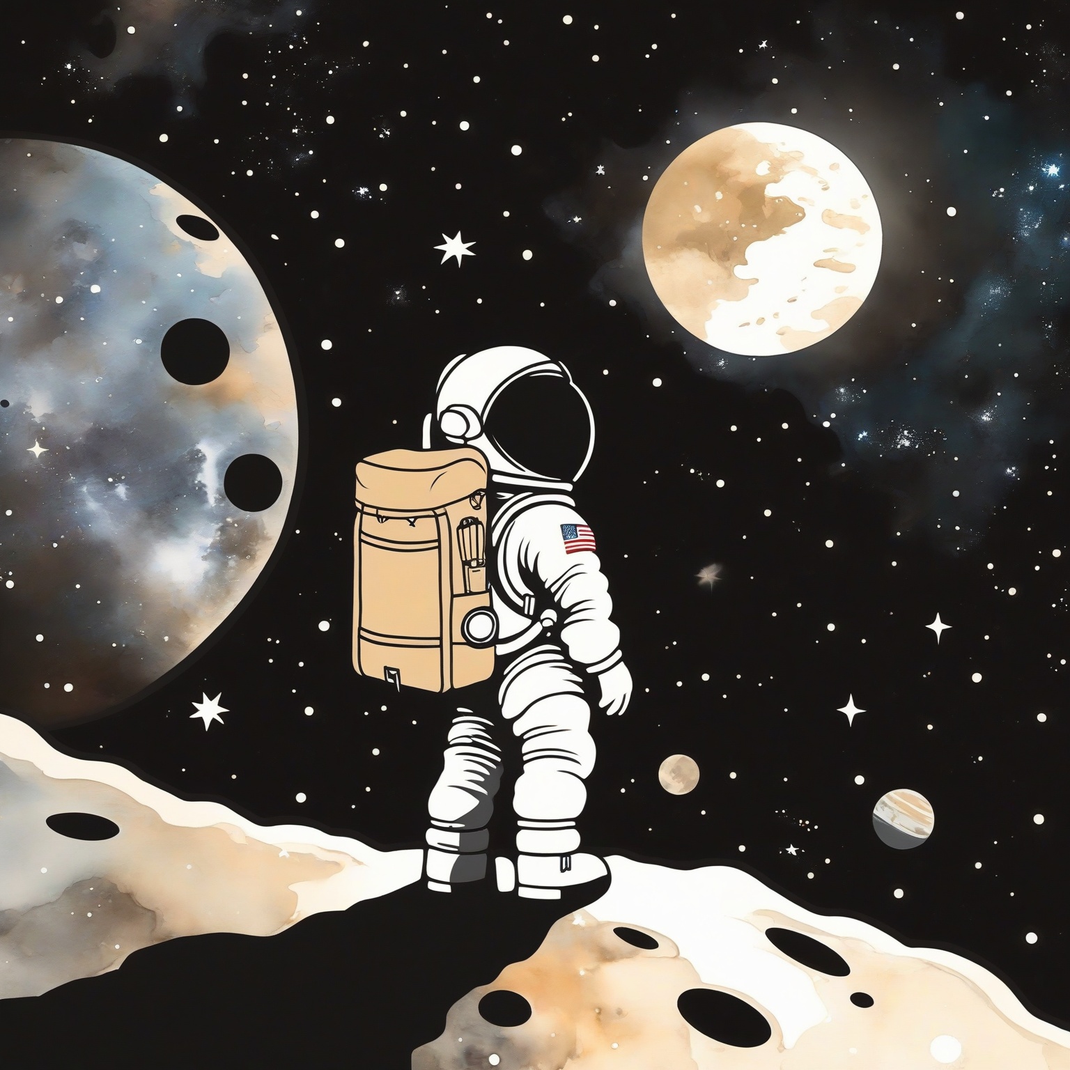 An astronaut standing on what appears to be a celestial body,  possibly the moon. The astronaut is wearing a white spacesu...