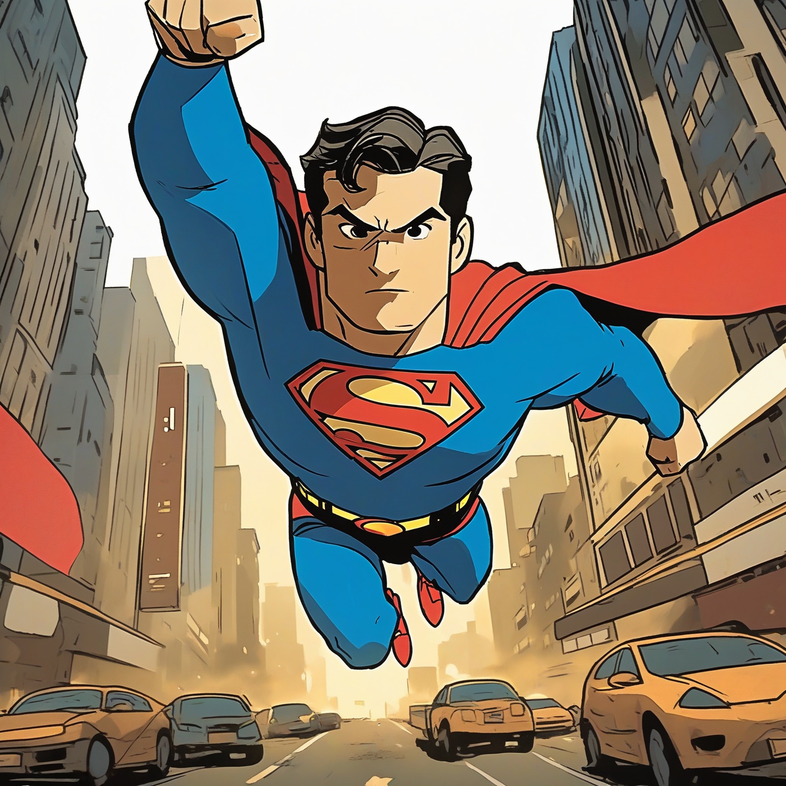 A comic-style depiction of Superman,  soaring through an urban setting. He is dressed in his iconic blue suit with a red c...