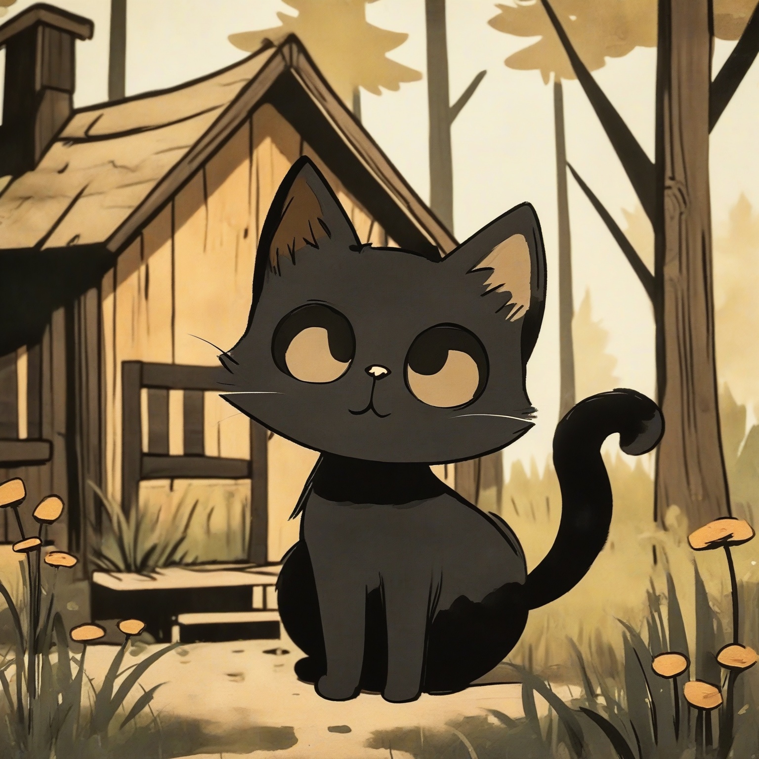 A black cat with large,  round eyes,  sitting amidst a rustic setting. The cat is positioned in the foreground on Tensor.Art